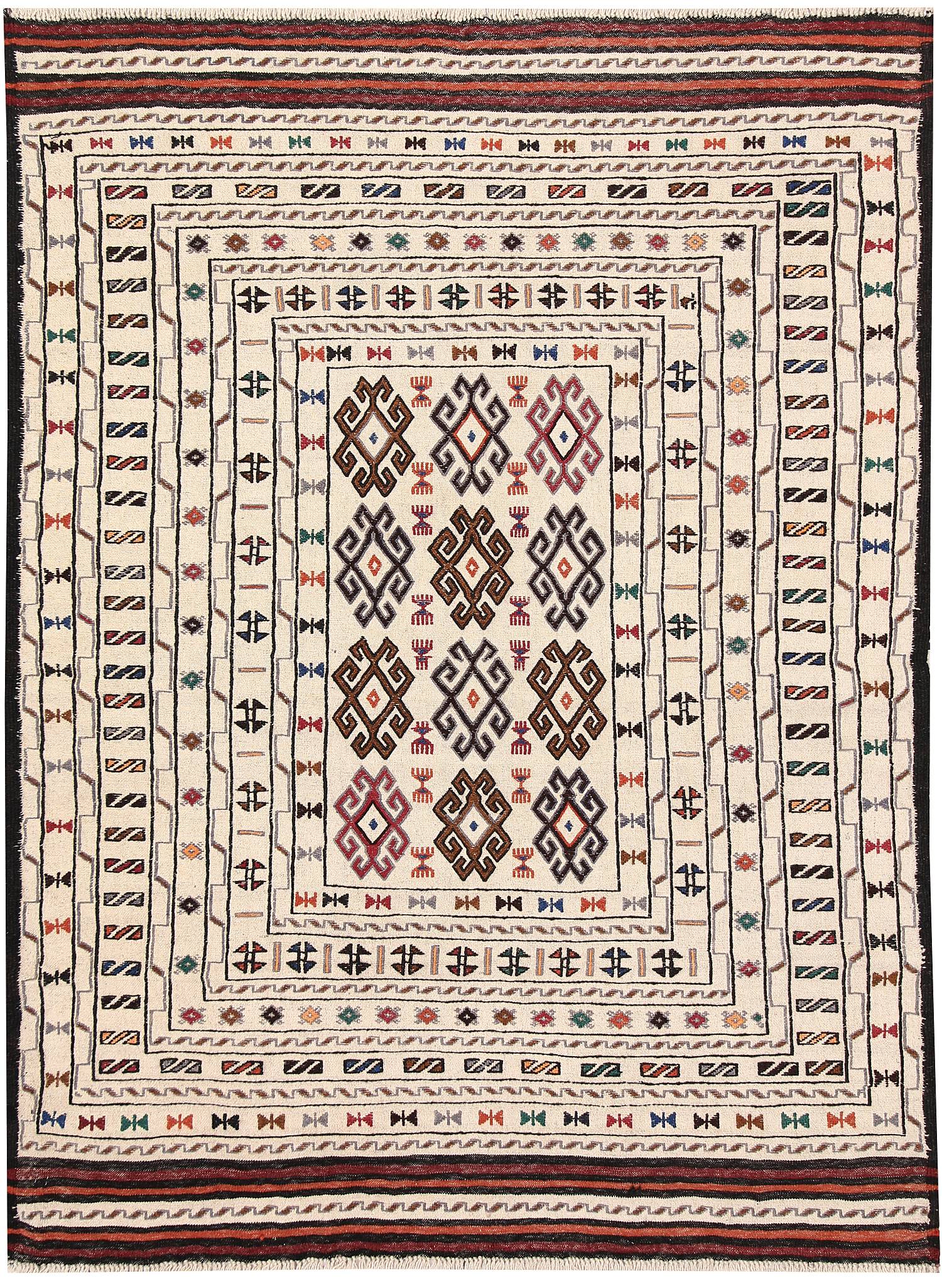 4' x 6' Ivory Handmade Pai Murgh Soumak Kilim Rug Rectangular