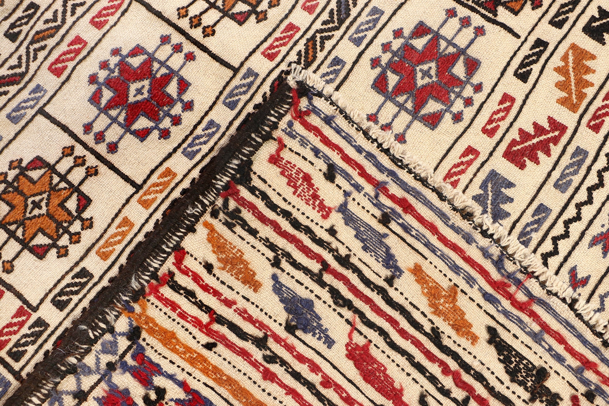 4' 6" x 6' 6 Ivory Handmade Pai Murgh Soumak Kilim Rug Rectangular