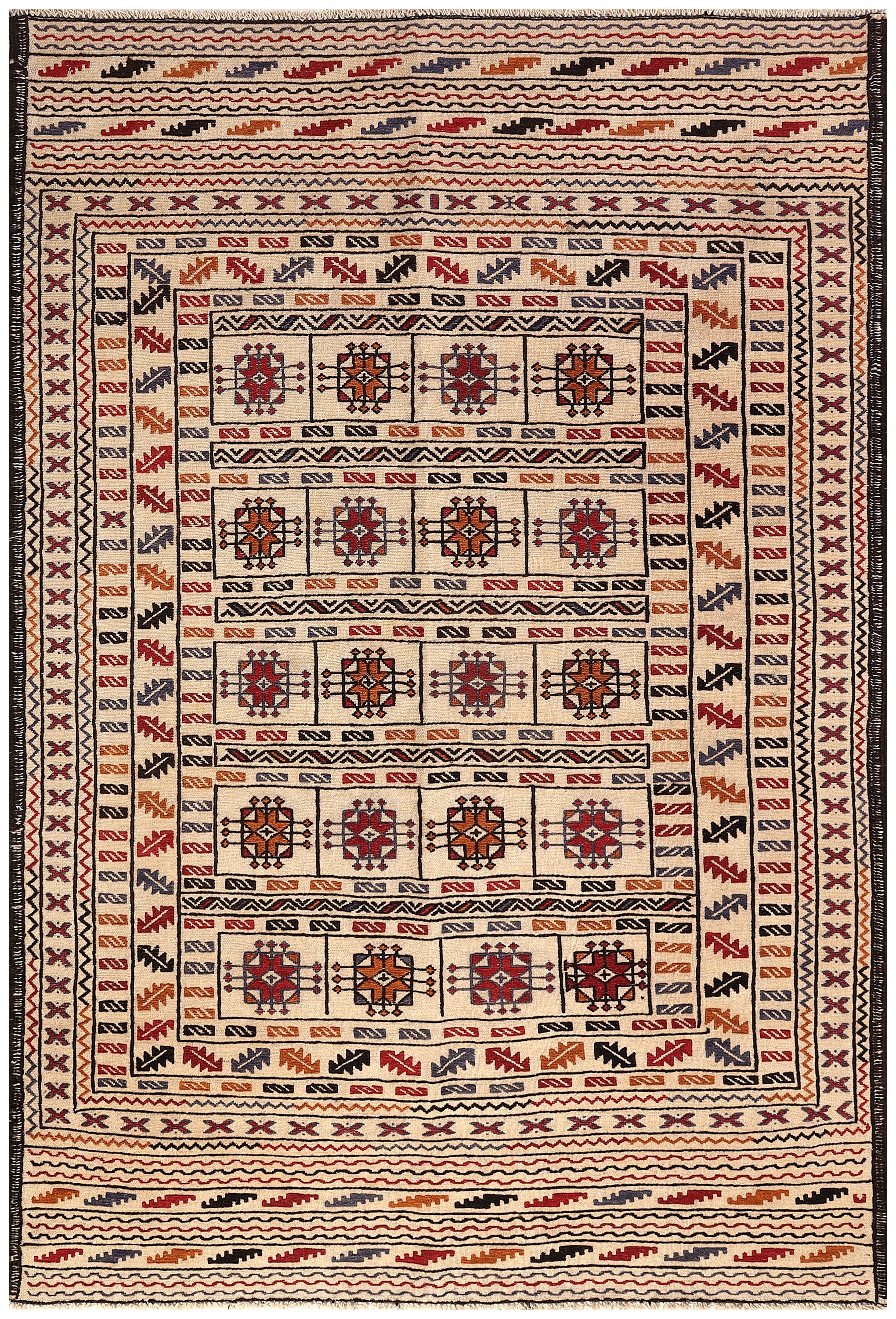 4' 6" x 6' 6 Ivory Handmade Pai Murgh Soumak Kilim Rug Rectangular