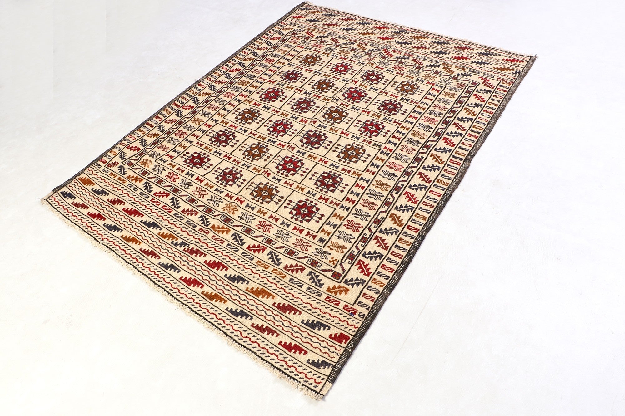 4' x 6' Ivory Handmade Pai Murgh Soumak Kilim Rug Rectangular