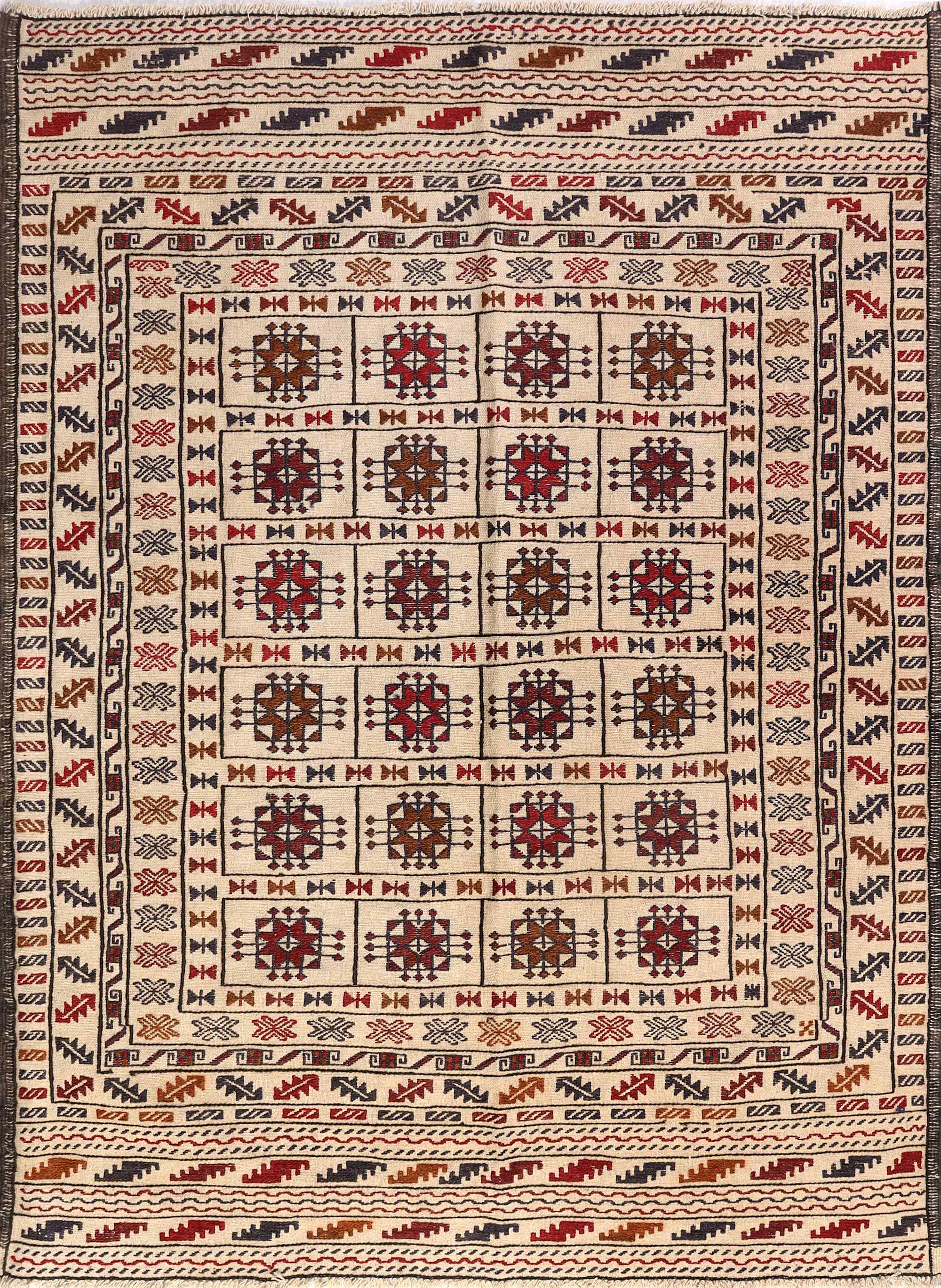4' x 6' Ivory Handmade Pai Murgh Soumak Kilim Rug Rectangular