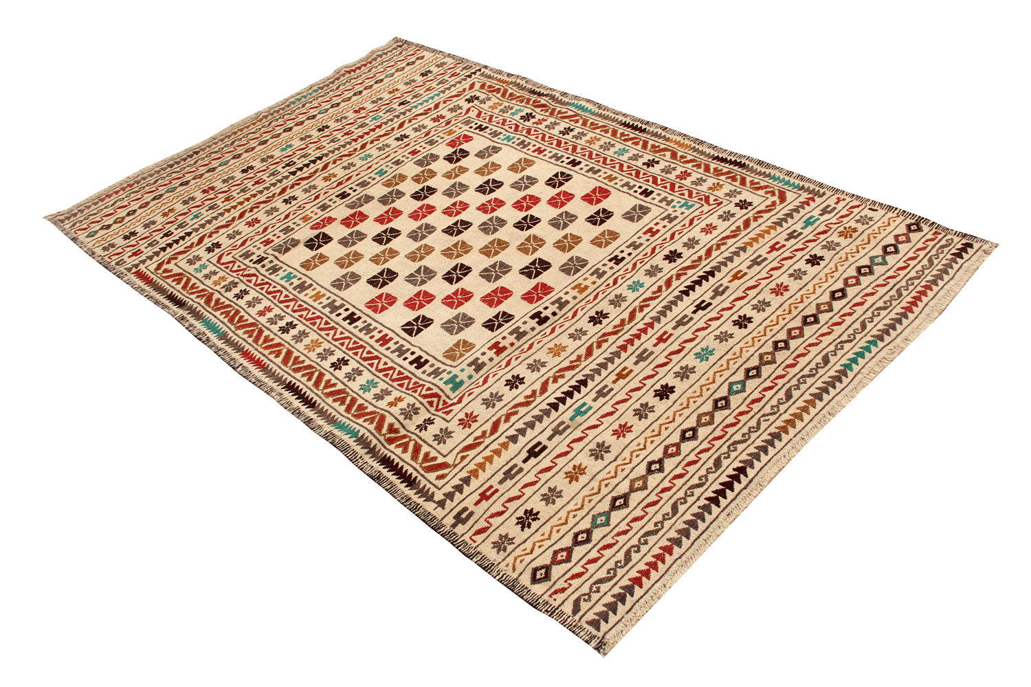 4' 6" x 6' 6 Ivory Handmade Pai Murgh Soumak Kilim Rug Rectangular