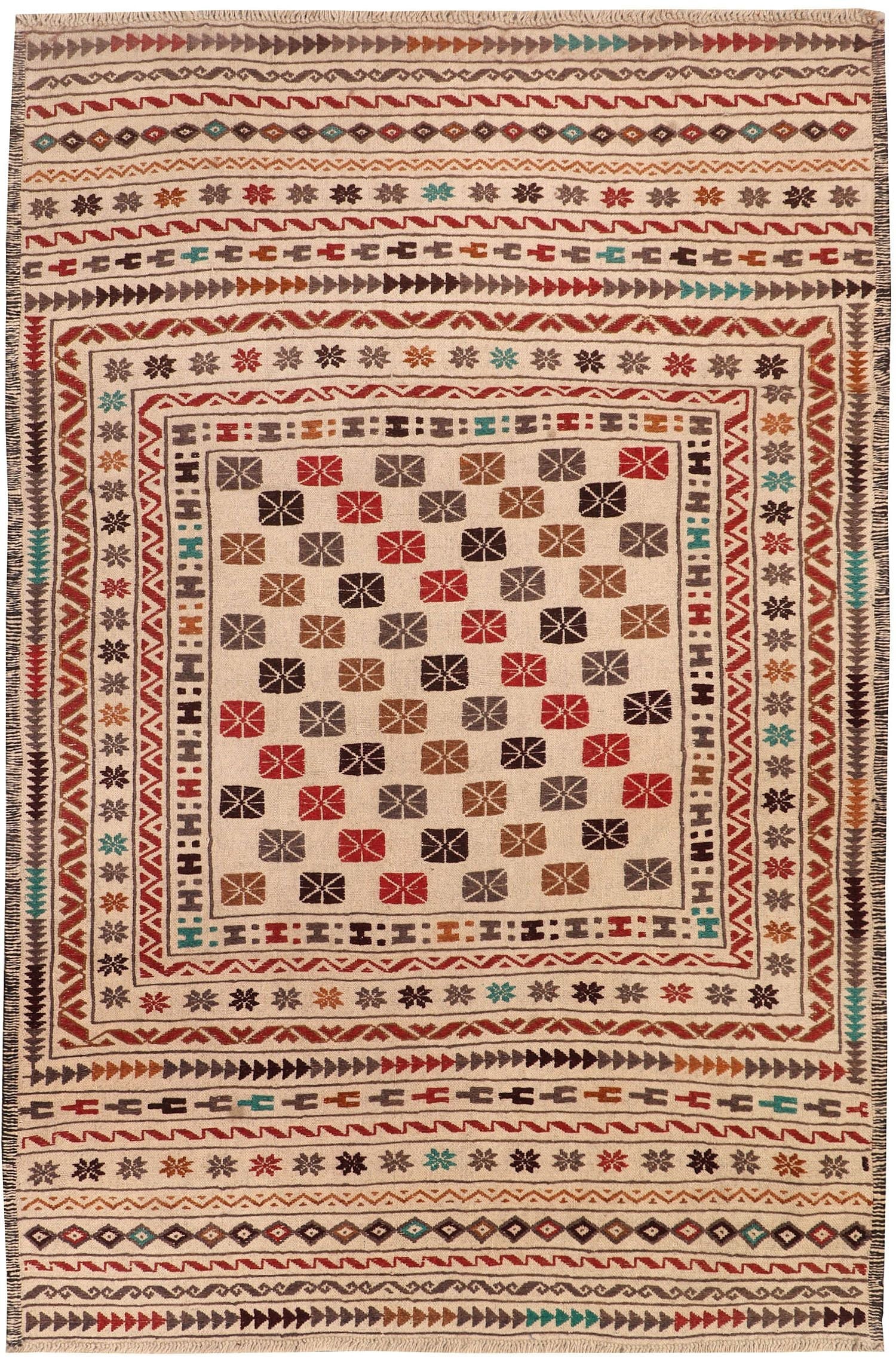 4' 6" x 6' 6 Ivory Handmade Pai Murgh Soumak Kilim Rug Rectangular