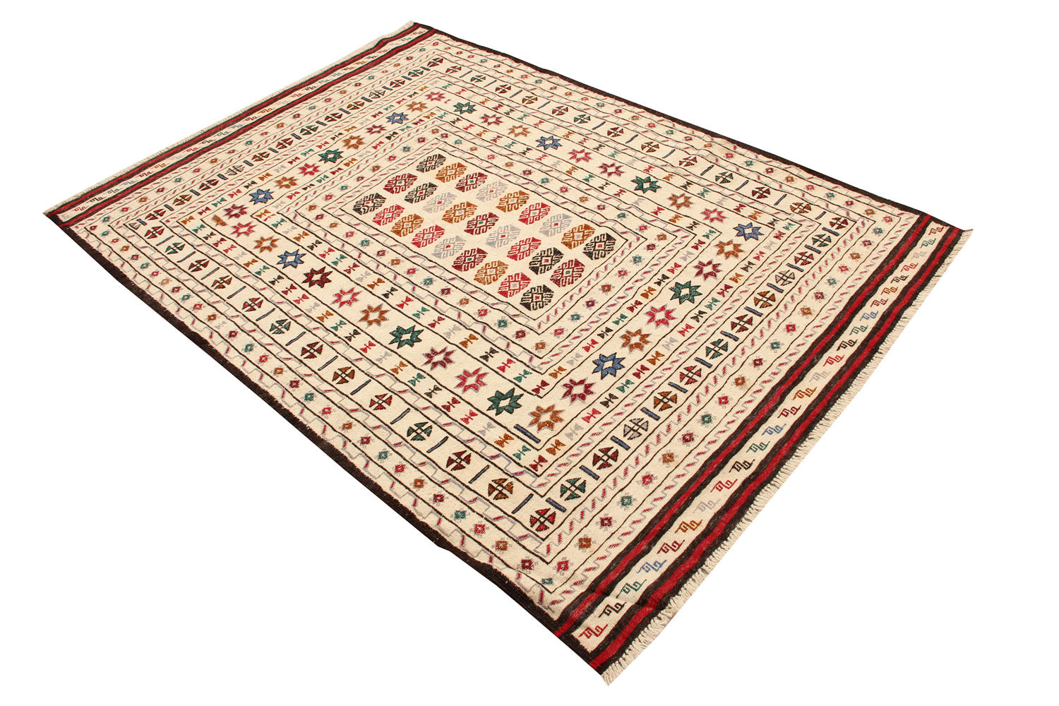 4' 6" x 6' 6 Ivory Handmade Pai Murgh Soumak Kilim Rug Rectangular