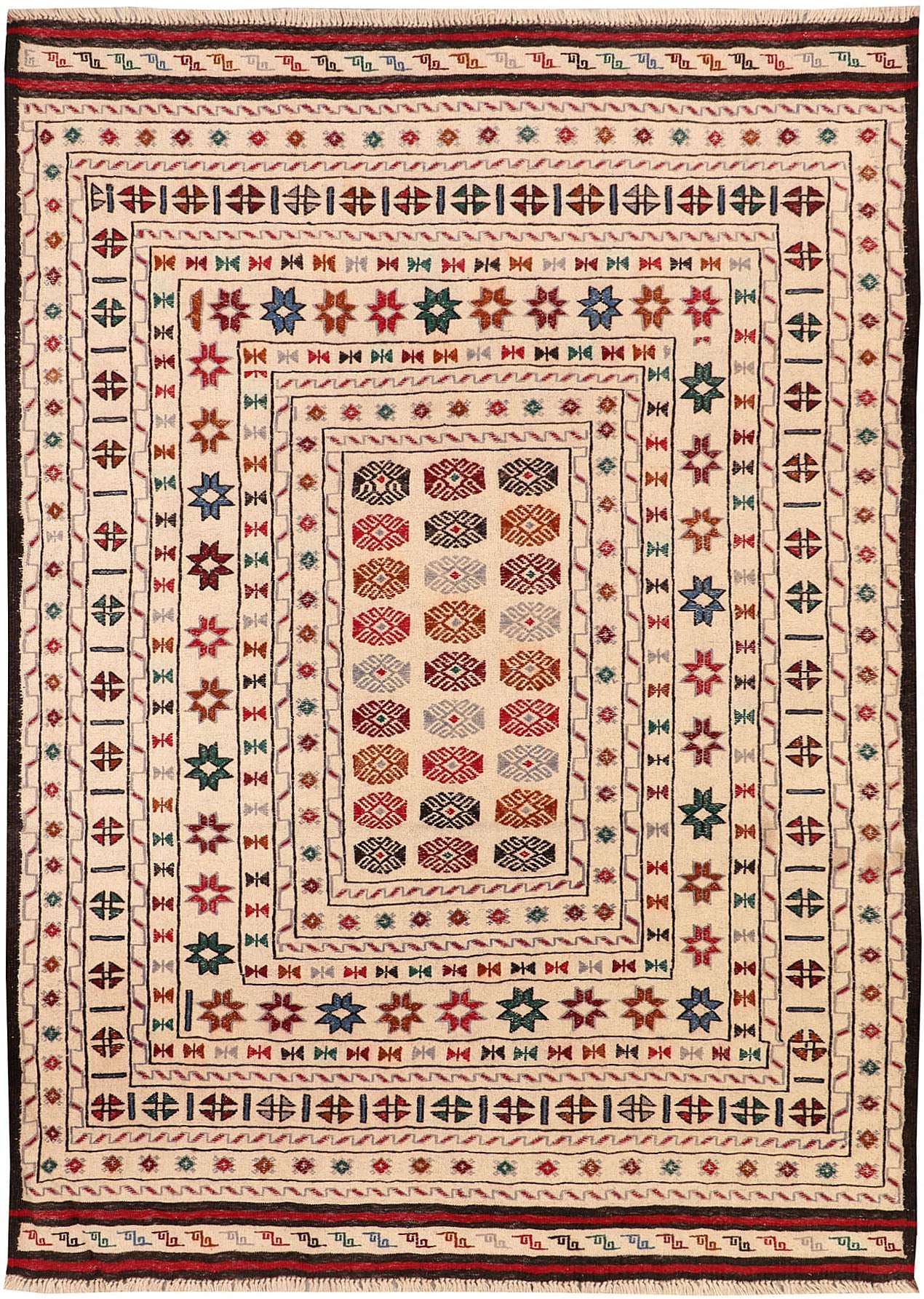 4' 6" x 6' 6 Ivory Handmade Pai Murgh Soumak Kilim Rug Rectangular