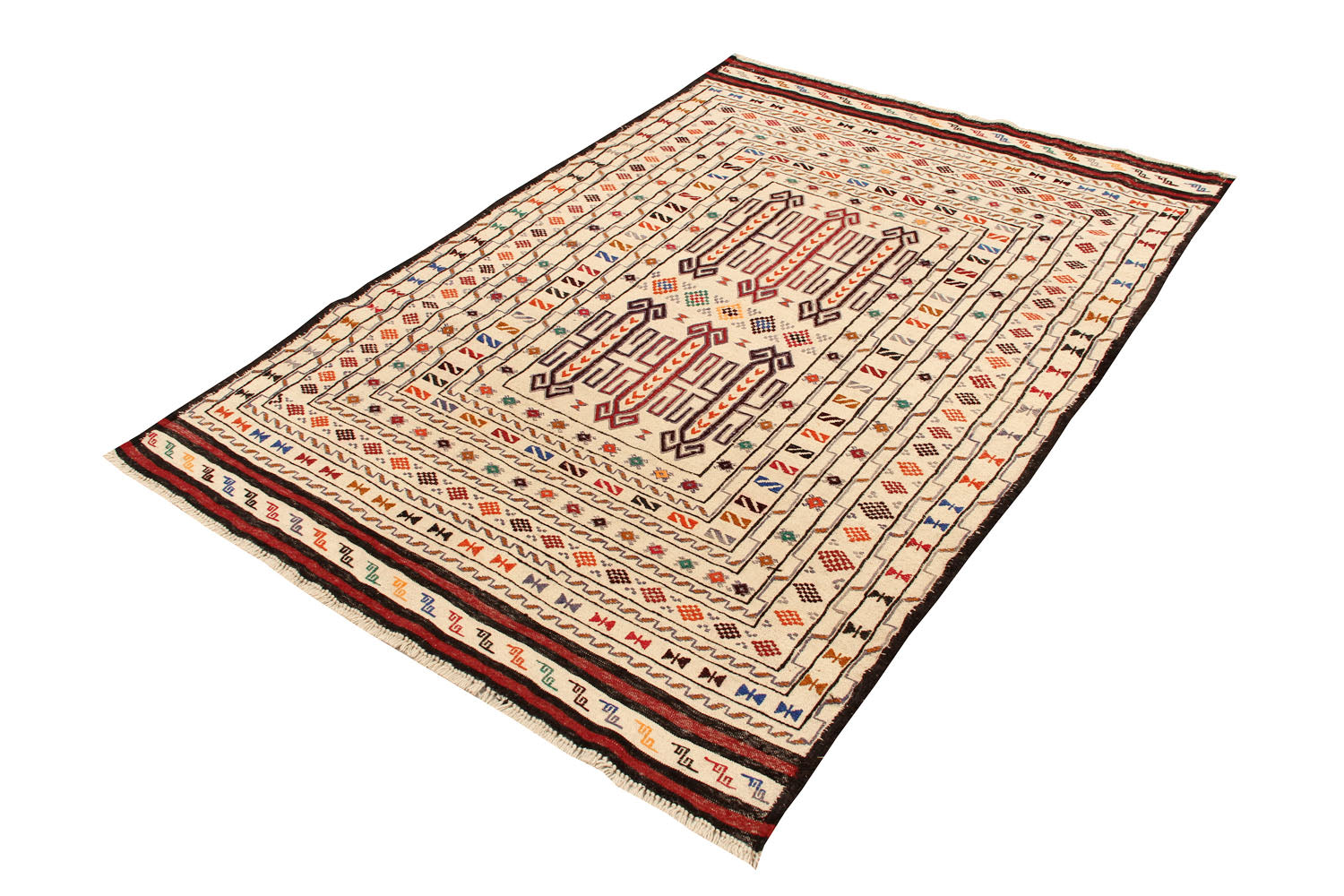 4' 6" x 6' 6 Ivory Handmade Pai Murgh Soumak Kilim Rug Rectangular