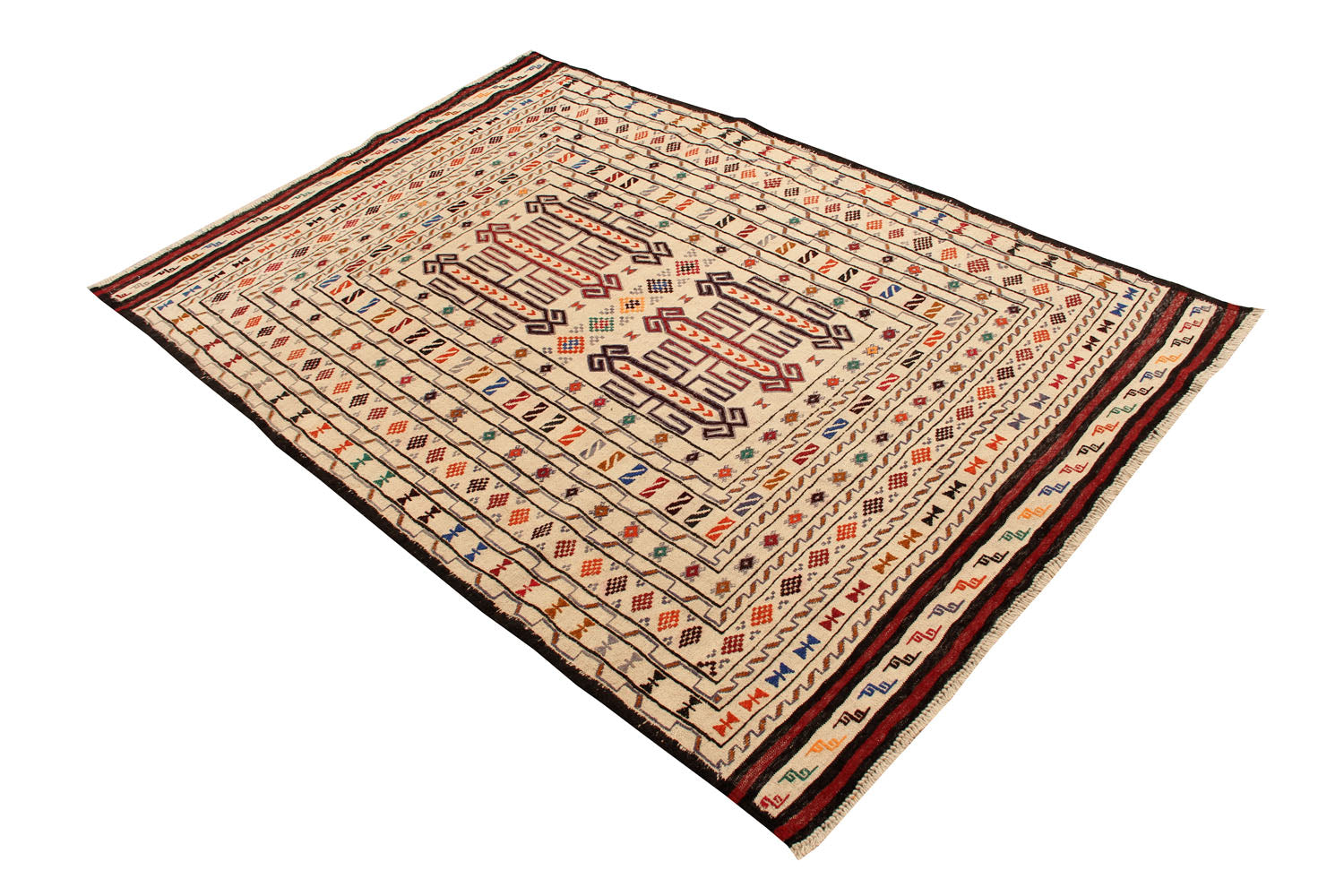 4' 6" x 6' 6 Ivory Handmade Pai Murgh Soumak Kilim Rug Rectangular