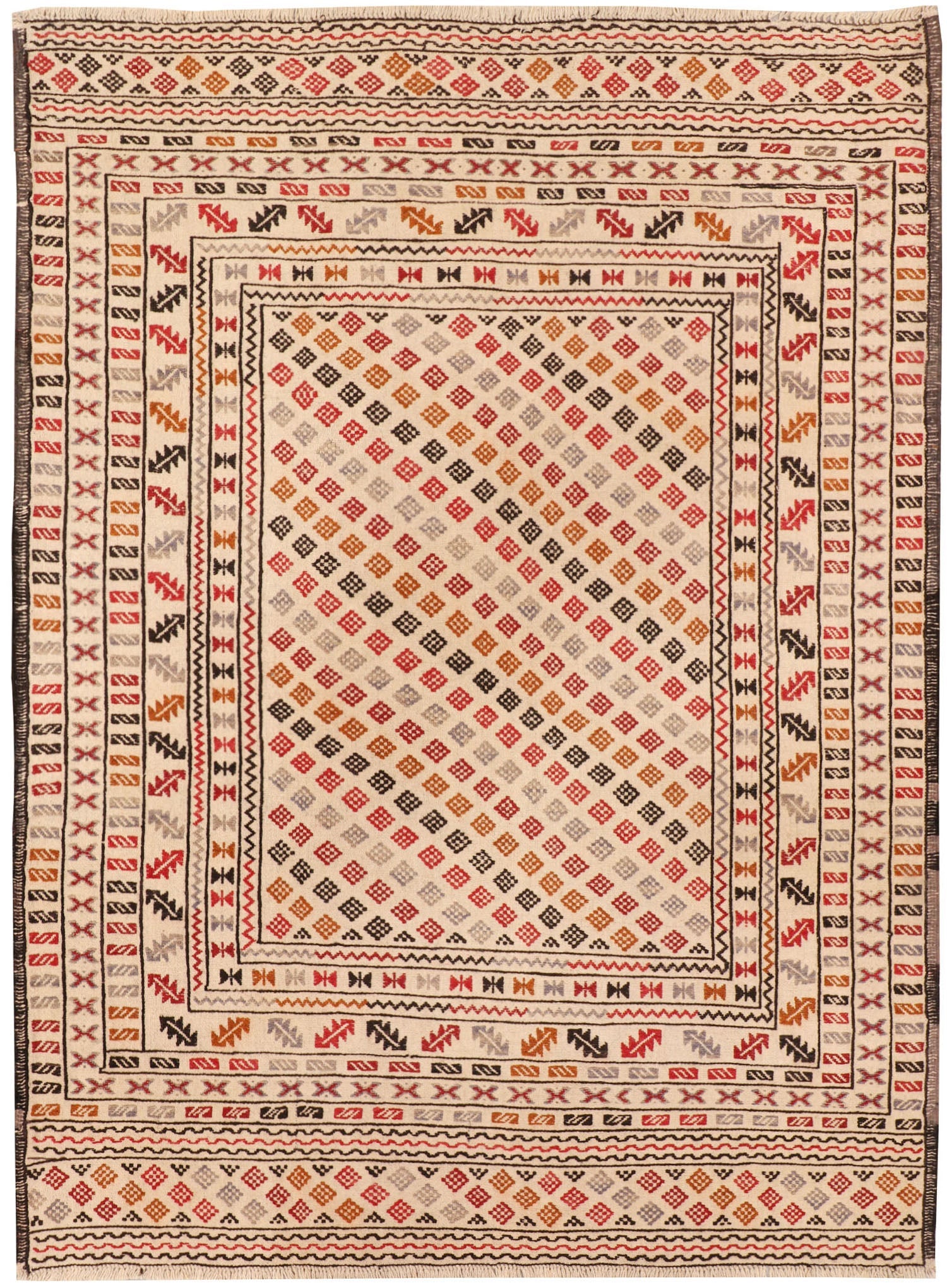 4' 6" x 6' 6 Ivory Handmade Pai Murgh Soumak Kilim Rug Rectangular