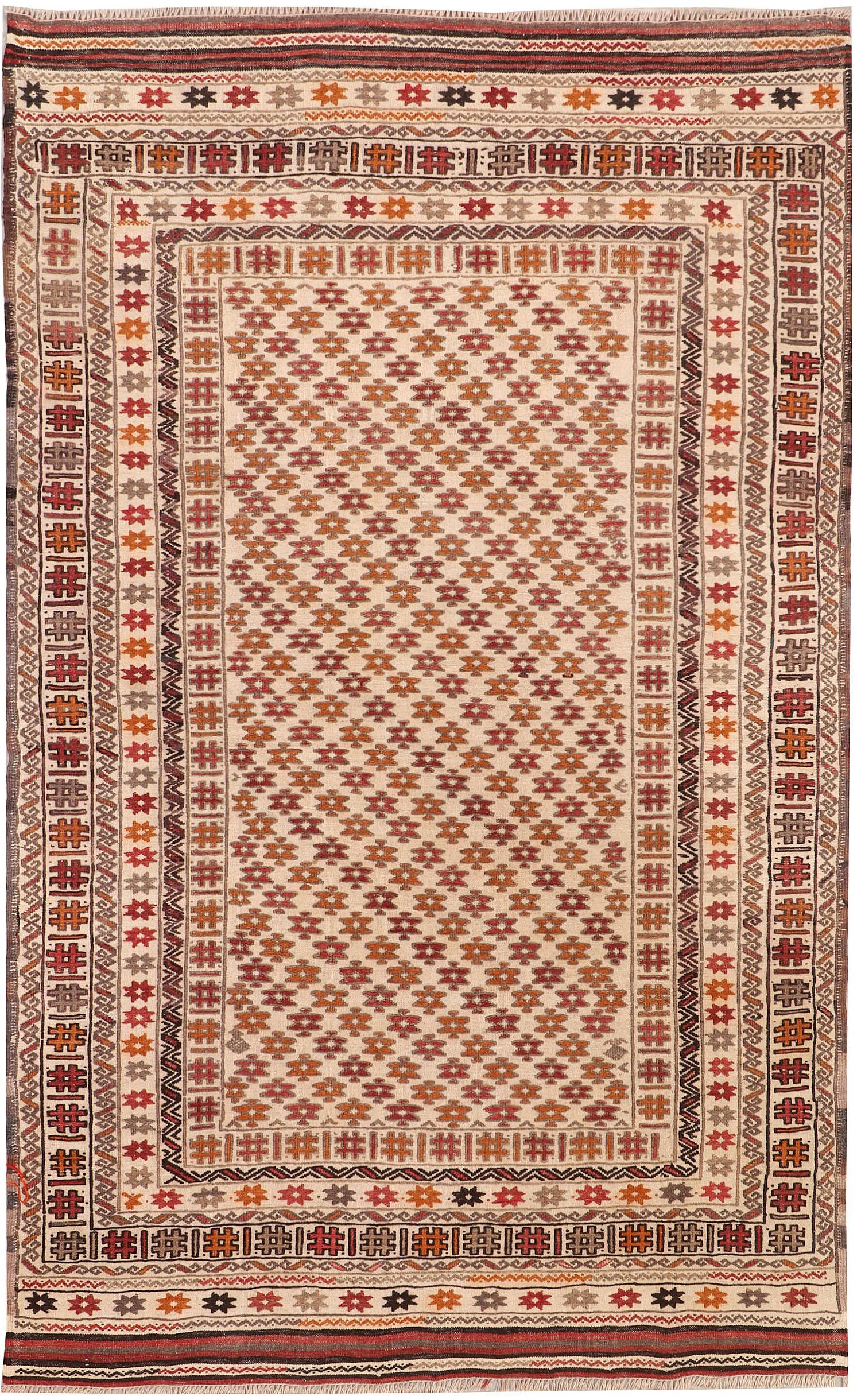 4' 6" x 6' 6 Ivory Handmade Pai Murgh Soumak Kilim Rug Rectangular