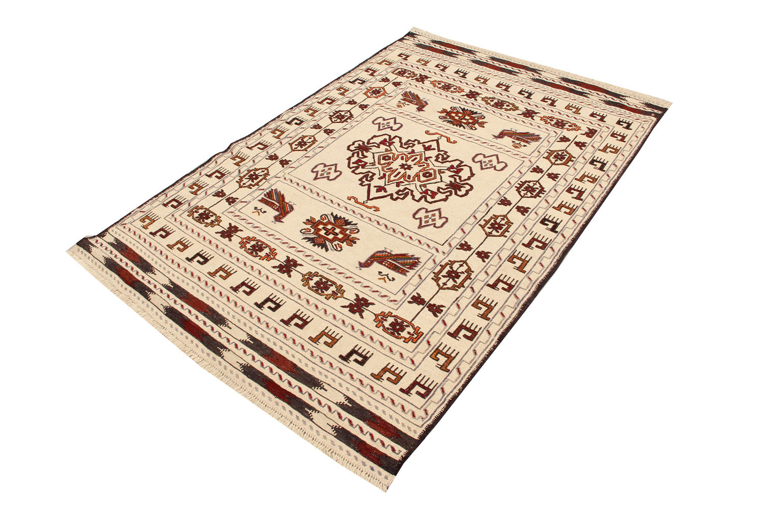 4' 6" x 6' 6 Ivory Handmade Pai Murgh Soumak Kilim Rug Rectangular