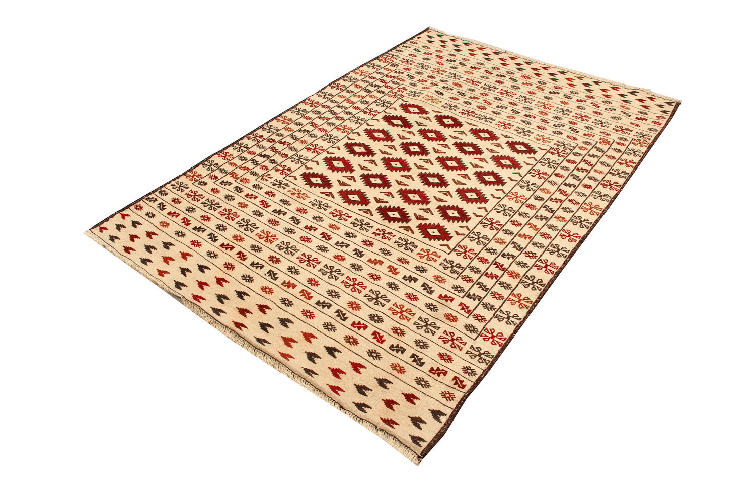 4' 6" x 6' 6 Ivory Handmade Pai Murgh Soumak Kilim Rug Rectangular