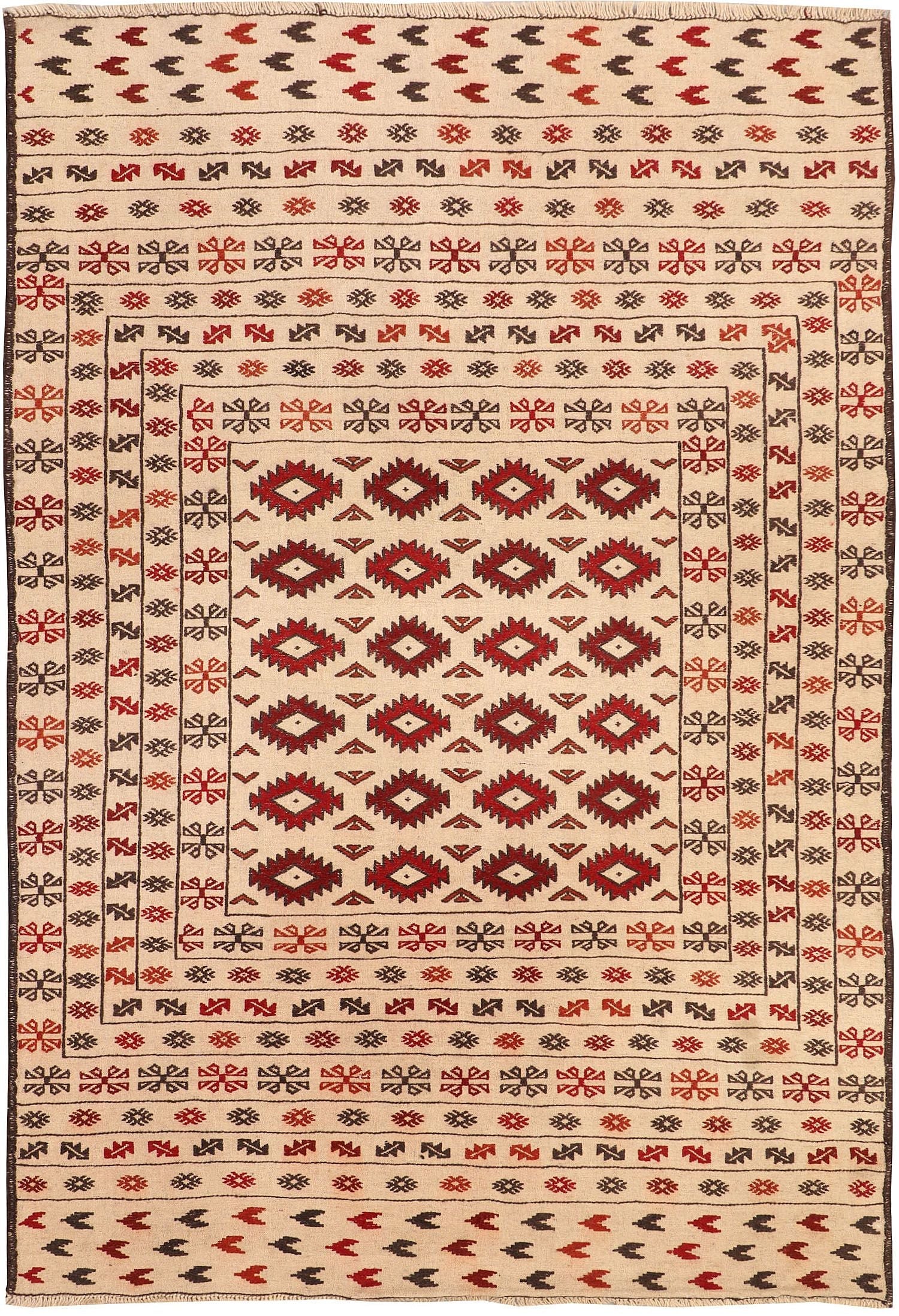 4' 6" x 6' 6 Ivory Handmade Pai Murgh Soumak Kilim Rug Rectangular