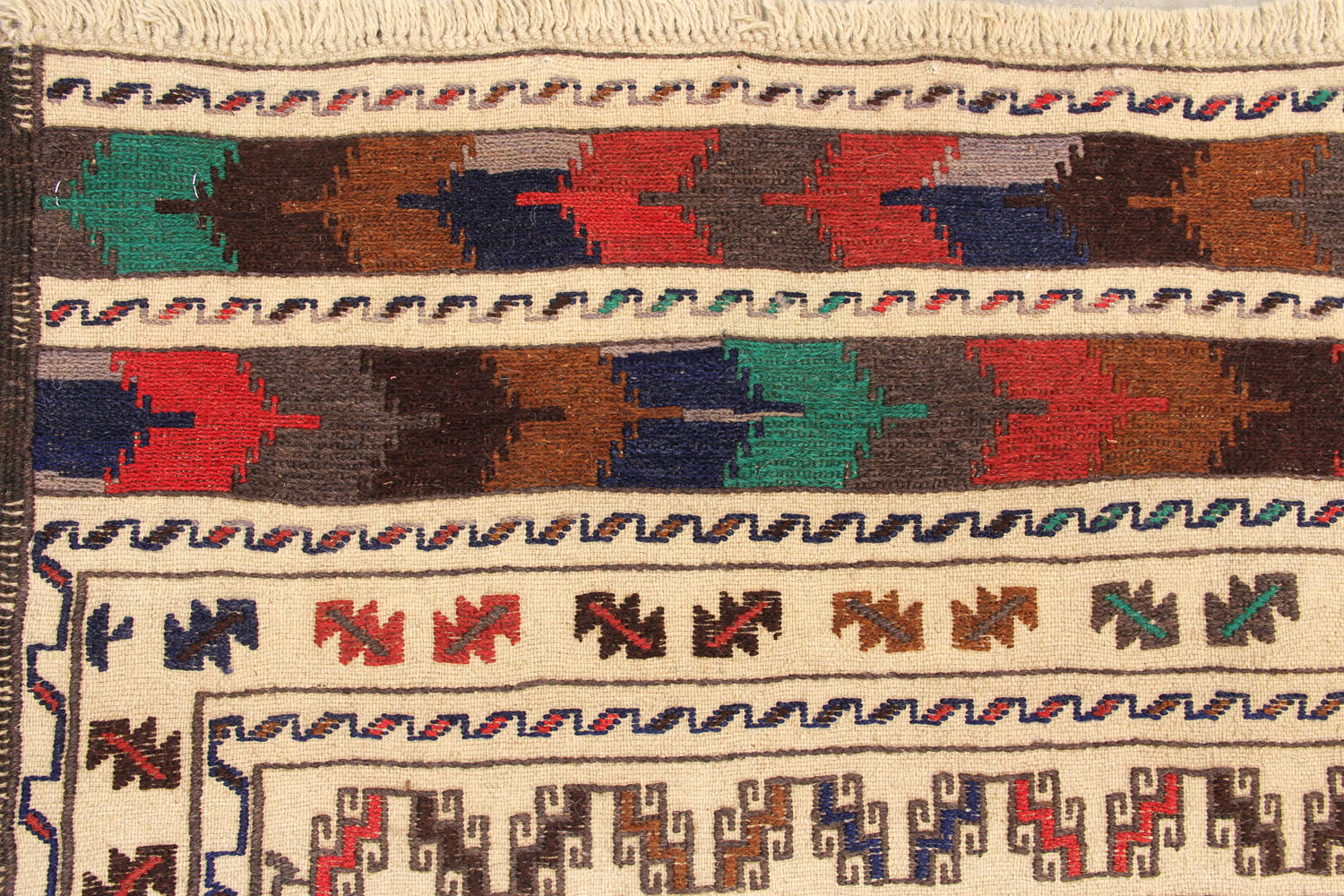 4' 6" x 6' 6 Ivory Handmade Pai Murgh Soumak Kilim Rug Rectangular