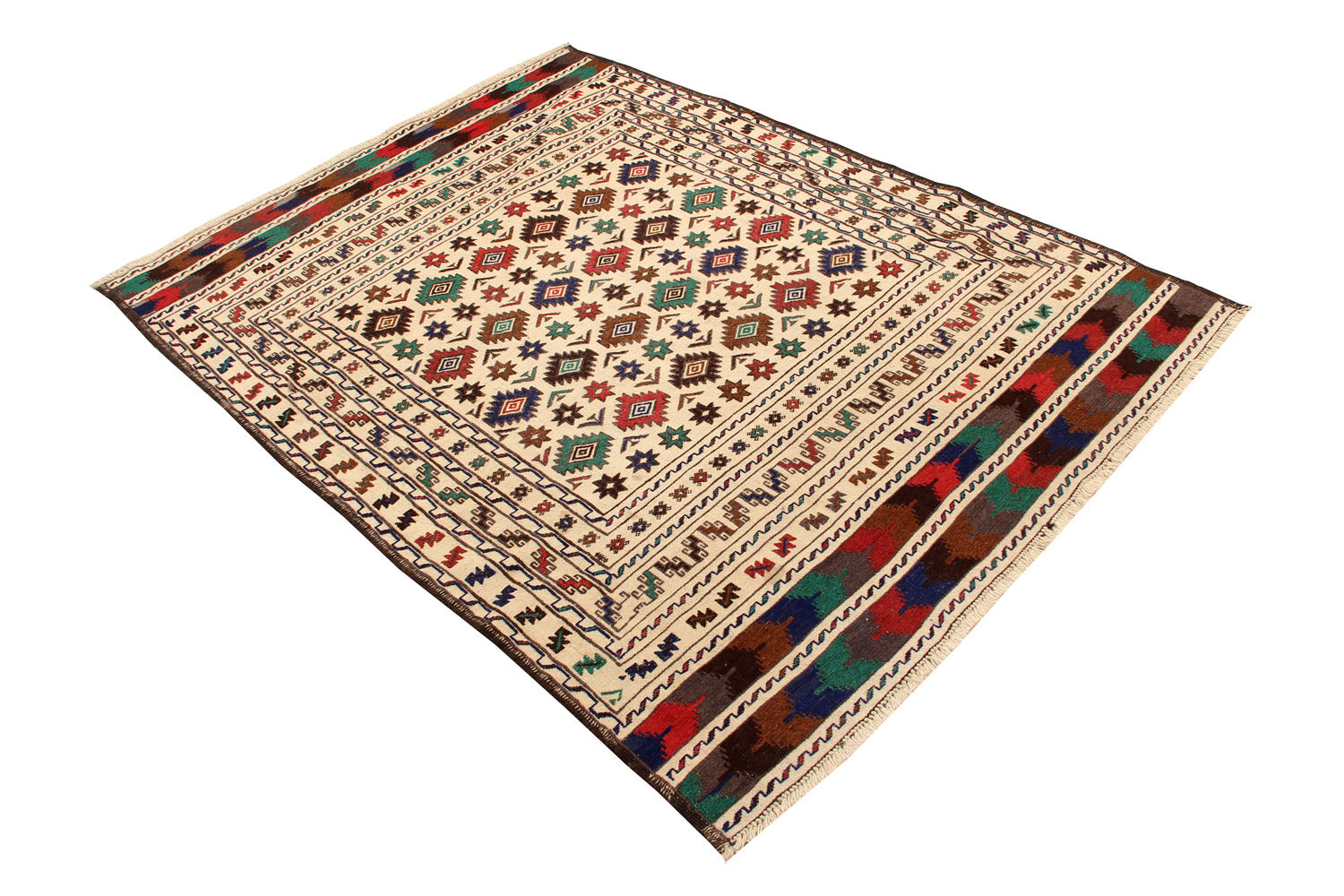 4' 6" x 6' 6 Ivory Handmade Pai Murgh Soumak Kilim Rug Rectangular