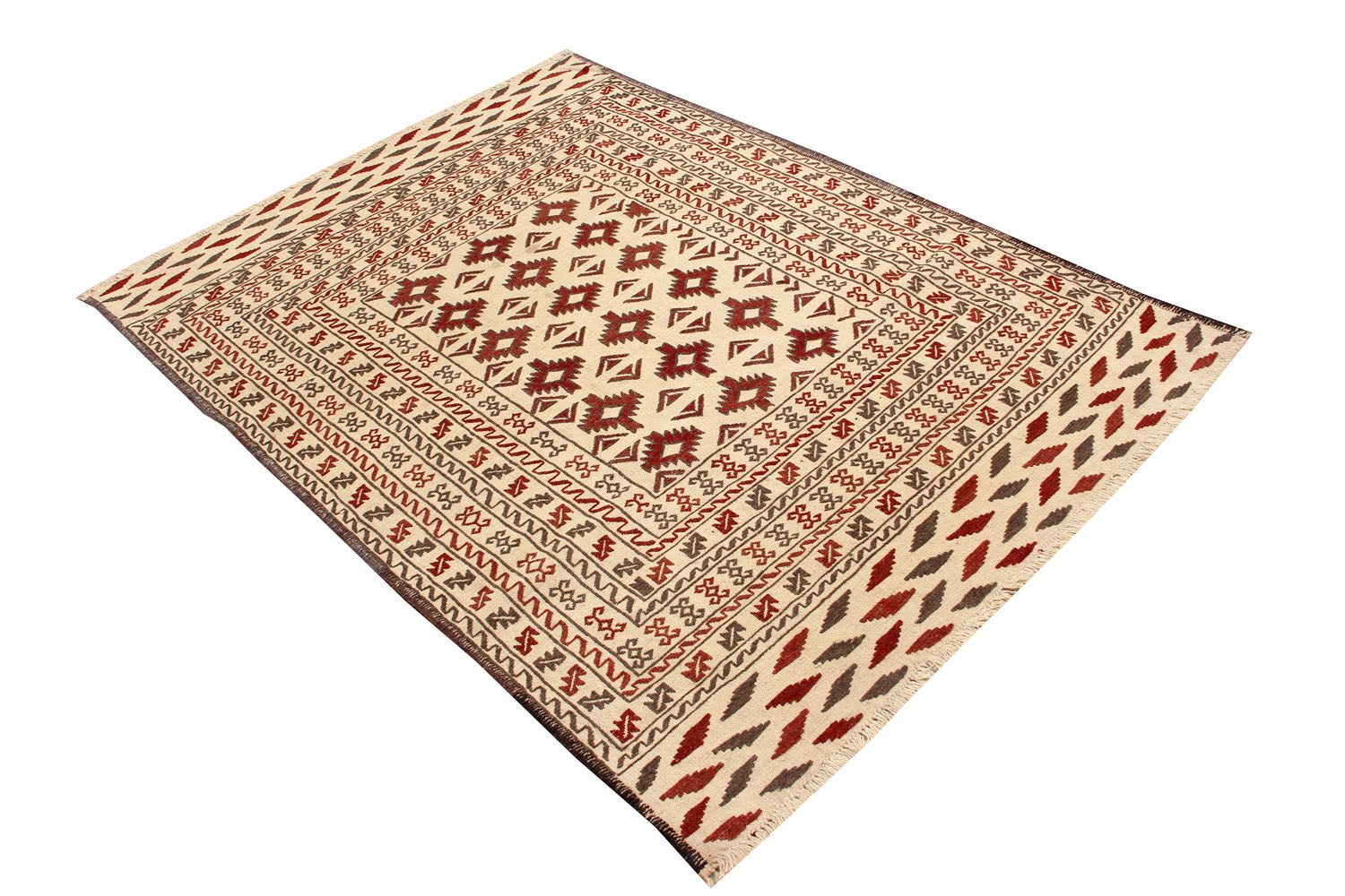 4' 6" x 6' 6 Ivory Handmade Pai Murgh Soumak Kilim Rug Rectangular