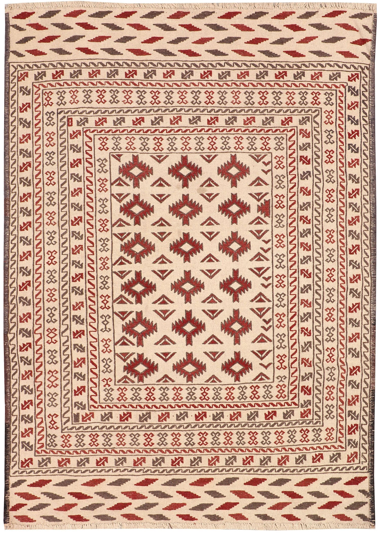 4' 6" x 6' 6 Ivory Handmade Pai Murgh Soumak Kilim Rug Rectangular