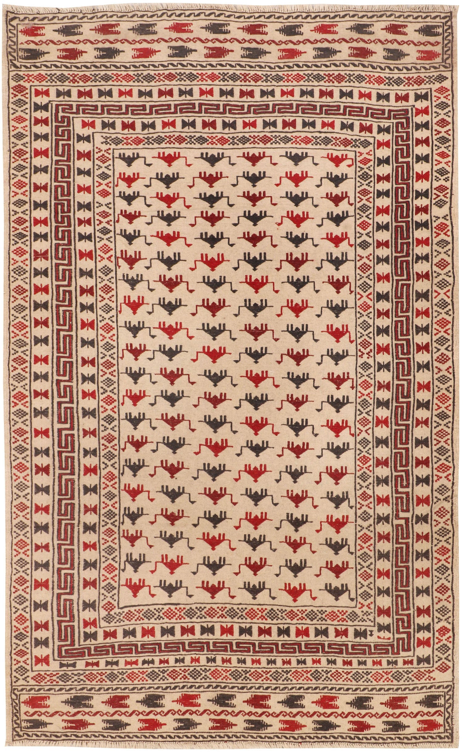 4' 6" x 6' 6 Ivory Handmade Pai Murgh Soumak Kilim Rug Rectangular