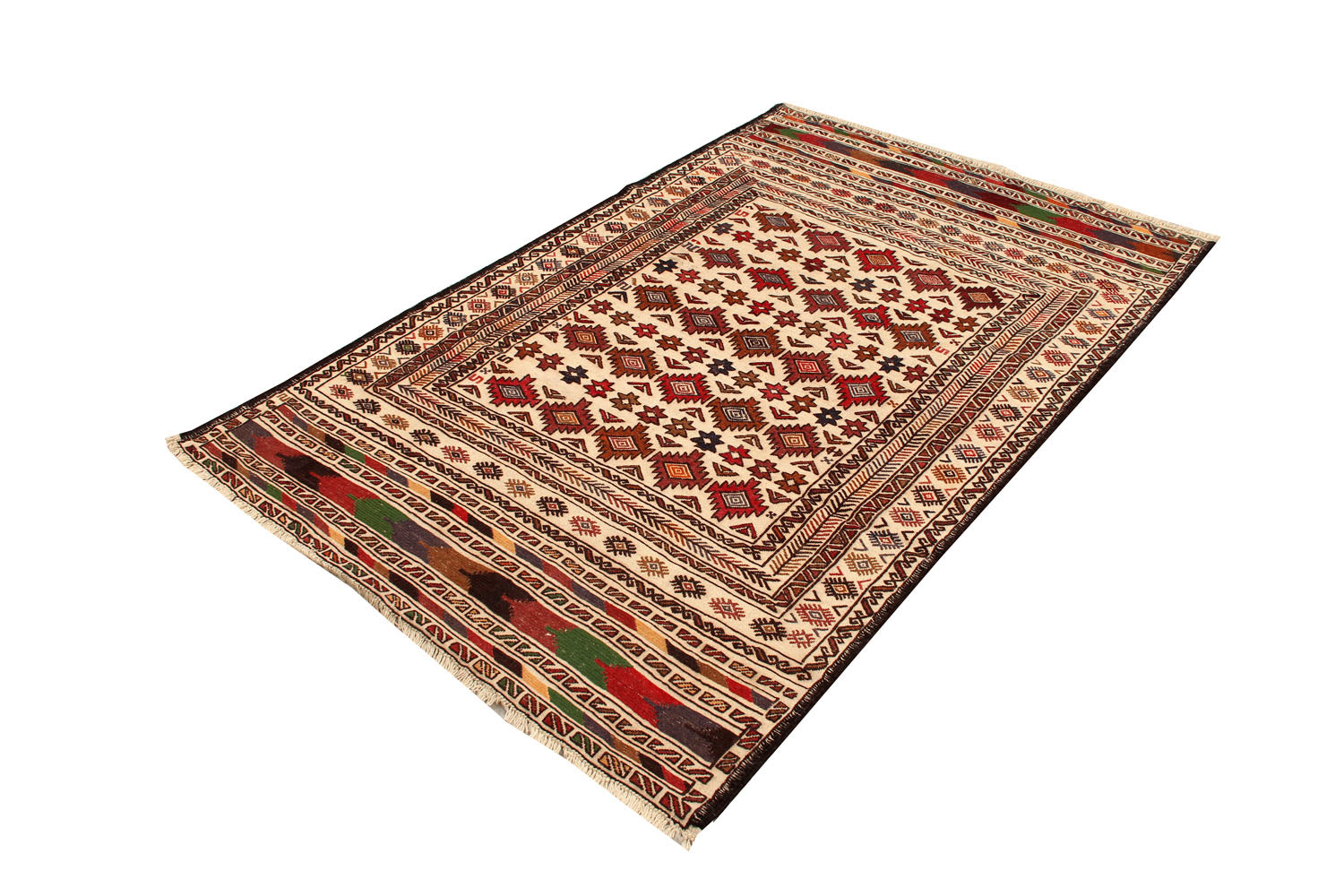 4' 6" x 6' 6 Ivory Handmade Pai Murgh Soumak Kilim Rug Rectangular