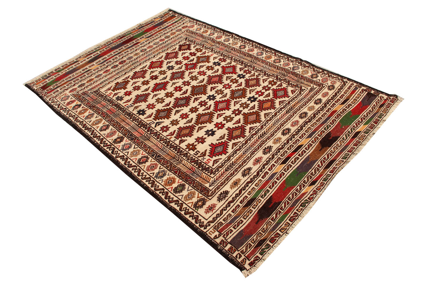 4' 6" x 6' 6 Ivory Handmade Pai Murgh Soumak Kilim Rug Rectangular