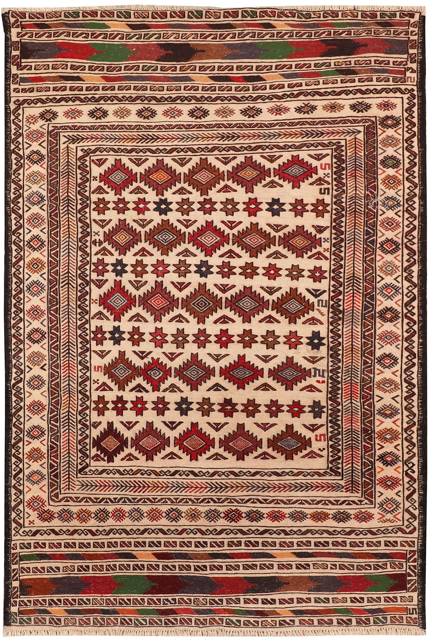 4' 6" x 6' 6 Ivory Handmade Pai Murgh Soumak Kilim Rug Rectangular