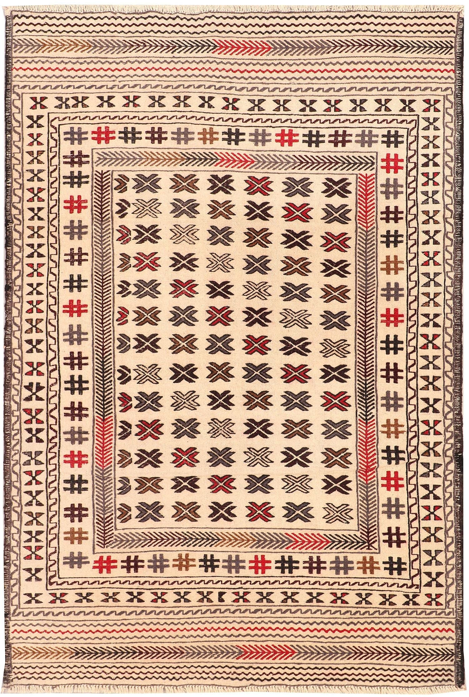 4' 6" x 6' 6 Ivory Handmade Pai Murgh Soumak Kilim Rug Rectangular
