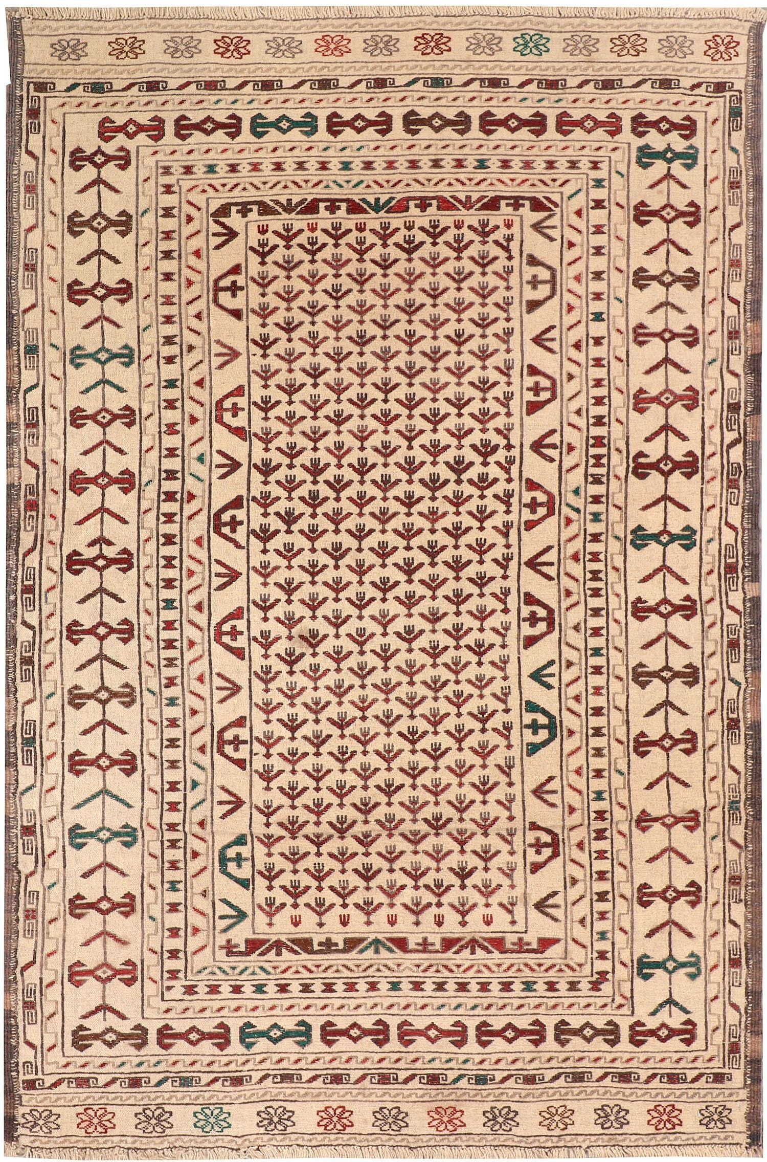 4' x 6' Ivory Handmade Pai Murgh Soumak Kilim Rug Rectangular