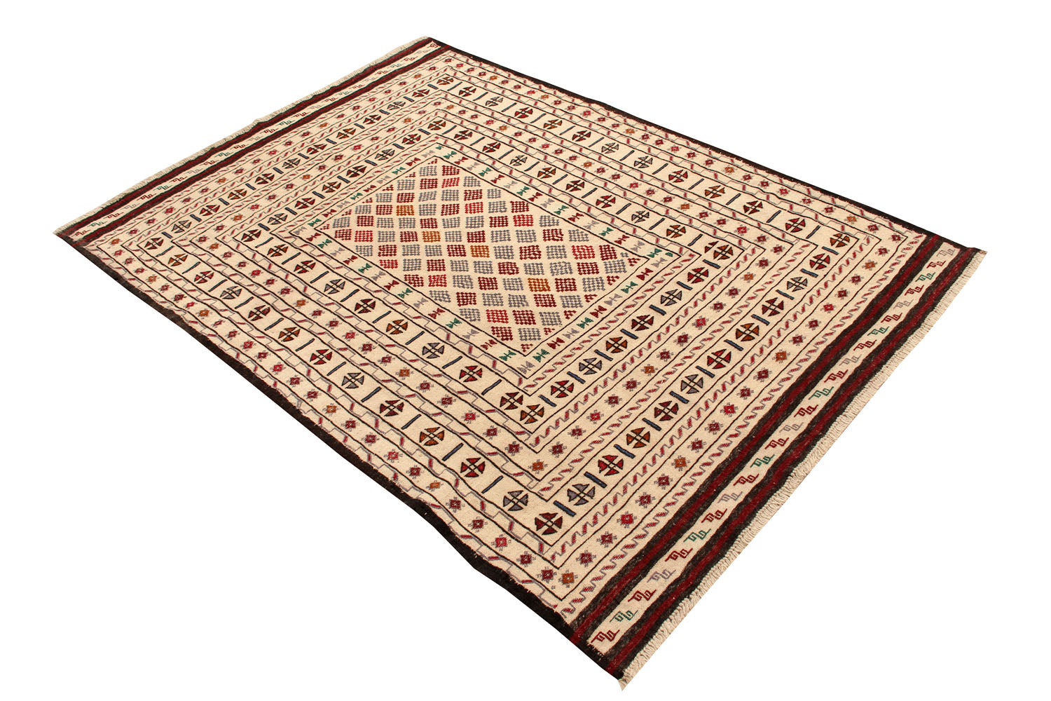 4' 6" x 6' 6 Ivory Handmade Pai Murgh Soumak Kilim Rug Rectangular