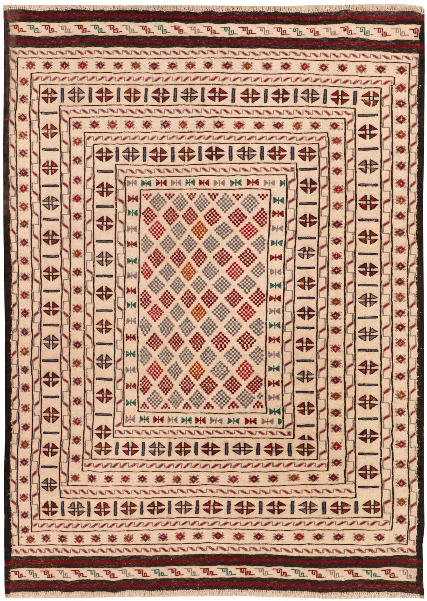 4' 6" x 6' 6 Ivory Handmade Pai Murgh Soumak Kilim Rug Rectangular