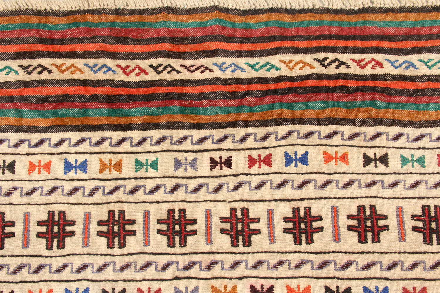 4' 6" x 6' 6 Ivory Handmade Pai Murgh Soumak Kilim Rug Rectangular