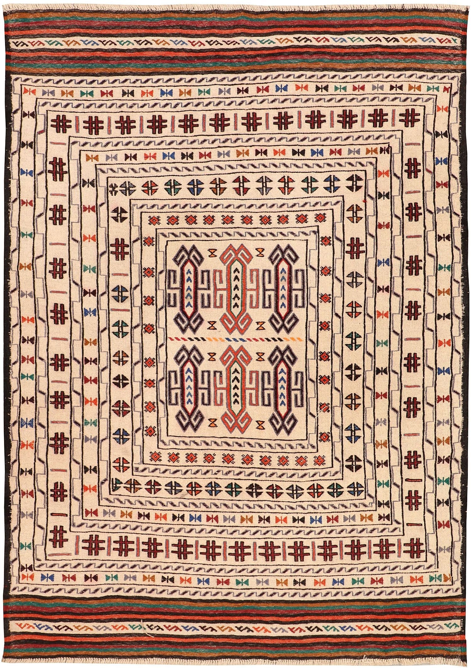 4' 6" x 6' 6 Ivory Handmade Pai Murgh Soumak Kilim Rug Rectangular