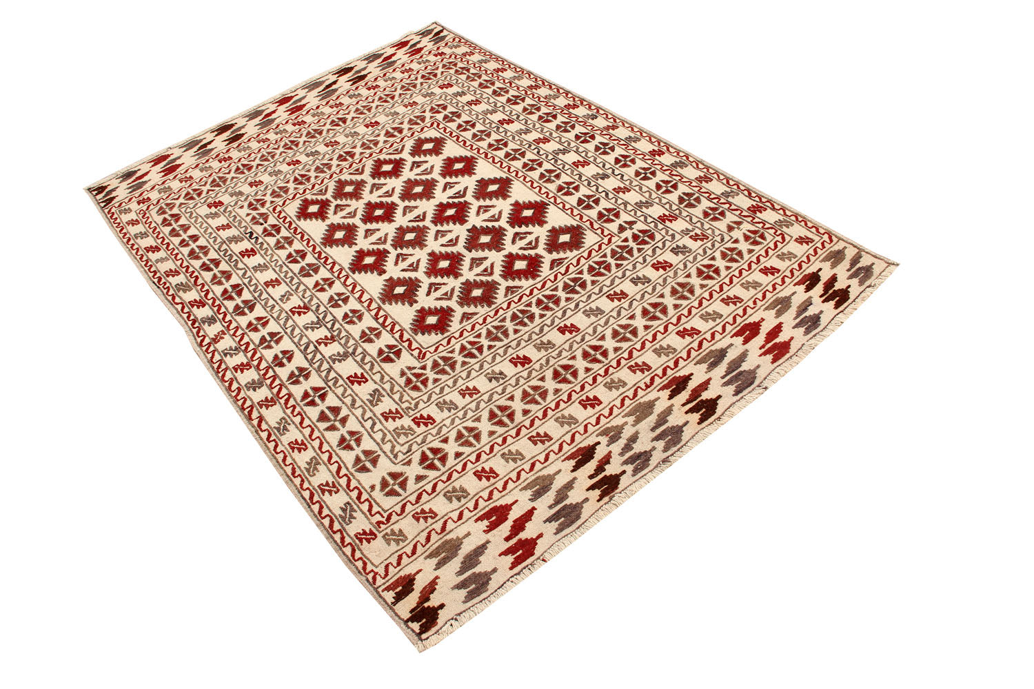 4' 6" x 6' 6 Ivory Handmade Pai Murgh Soumak Kilim Rug Rectangular