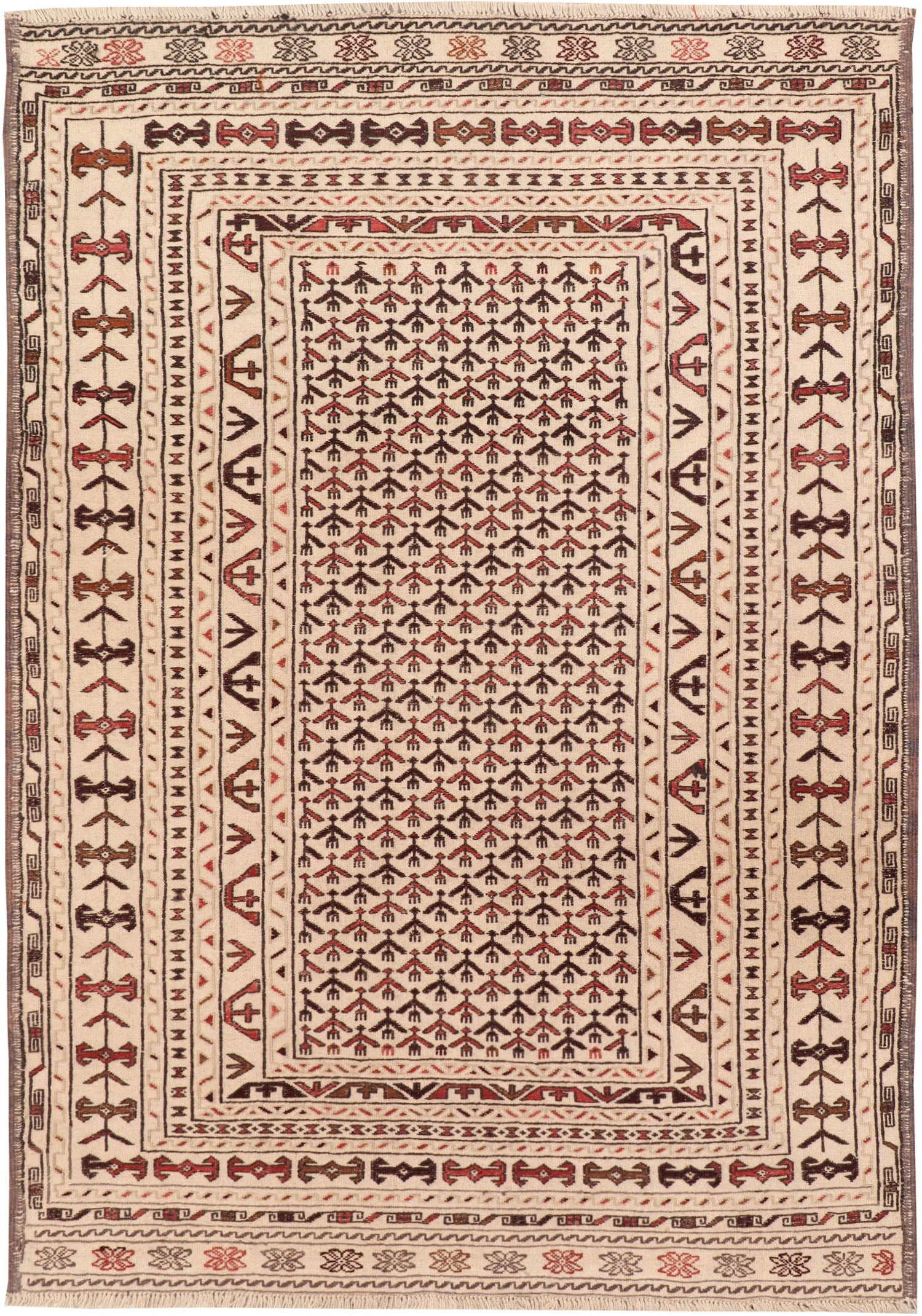 4' 6" x 6' 6 Ivory Handmade Pai Murgh Soumak Kilim Rug Rectangular