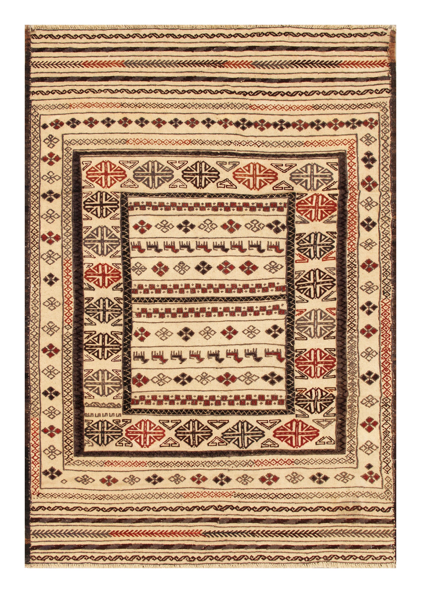 4' 6" x 6' 6 Ivory Handmade Pai Murgh Soumak Kilim Rug Rectangular