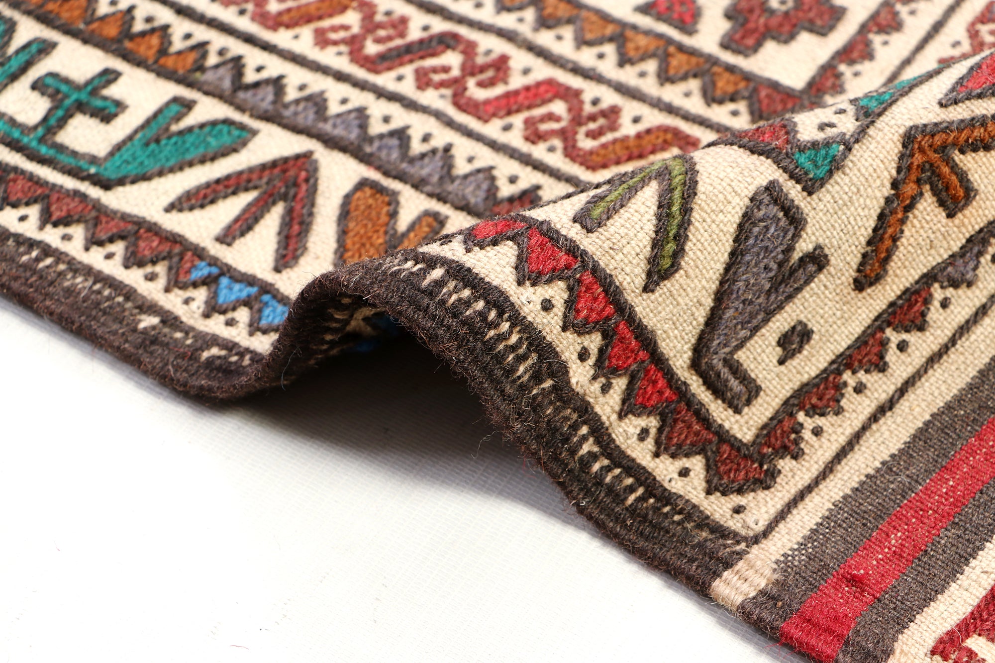 4' 6" x 6' 6 Ivory Handmade Pai Murgh Soumak Kilim Rug Rectangular