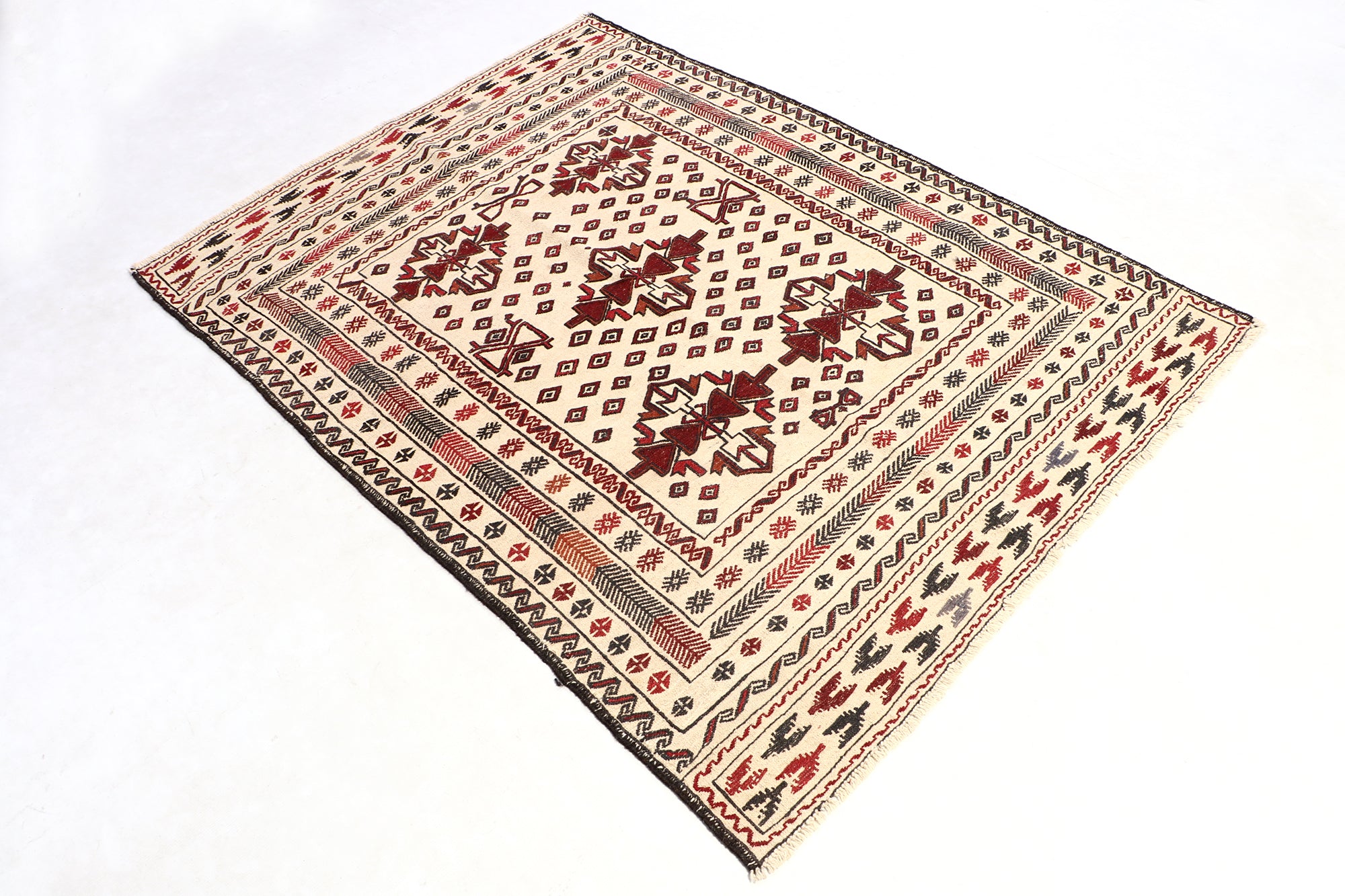 4' x 6' Ivory Handmade Pai Murgh Soumak Kilim Rug Rectangular