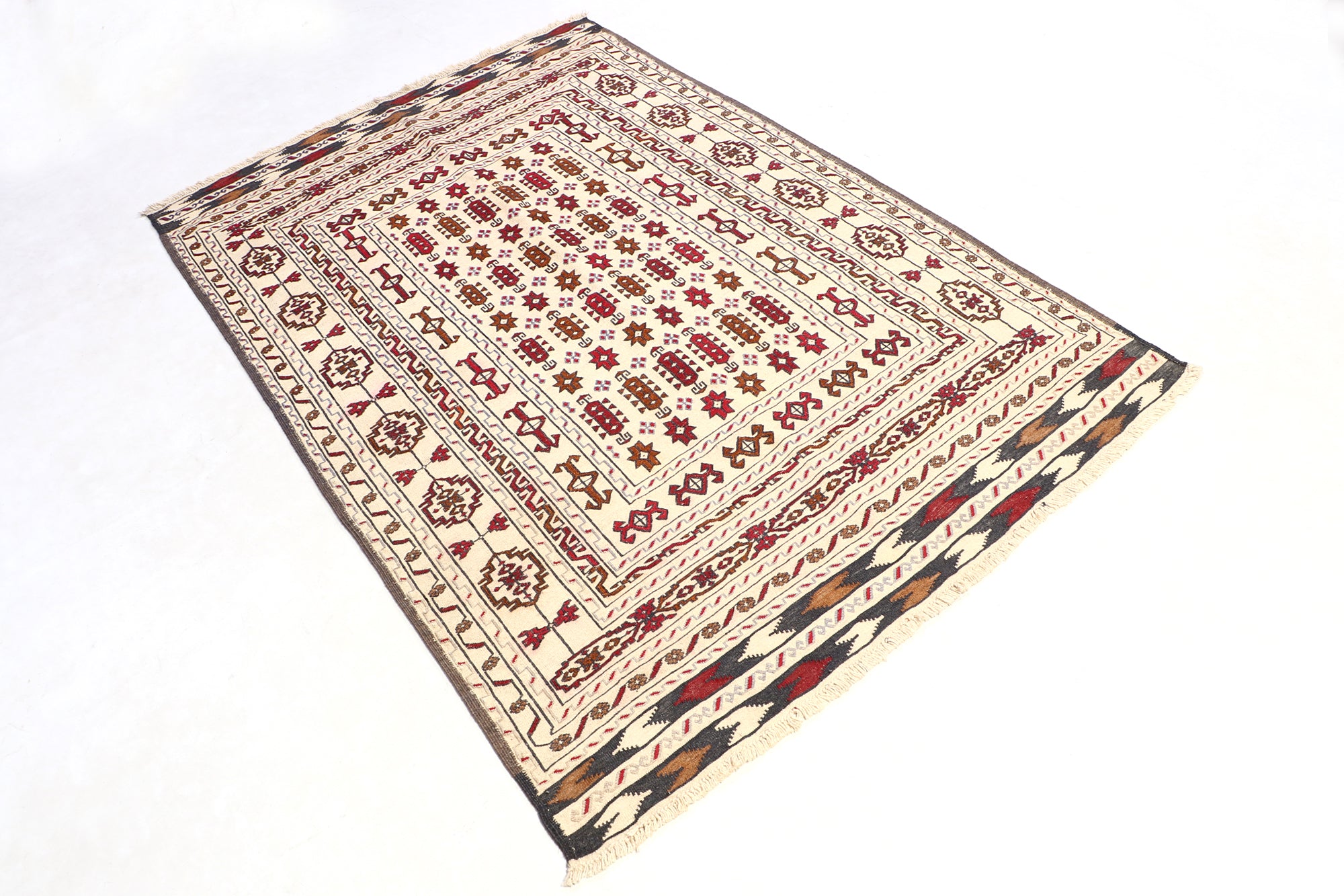 4' 6" x 6' 6 Ivory Handmade Pai Murgh Soumak Kilim Rug Rectangular