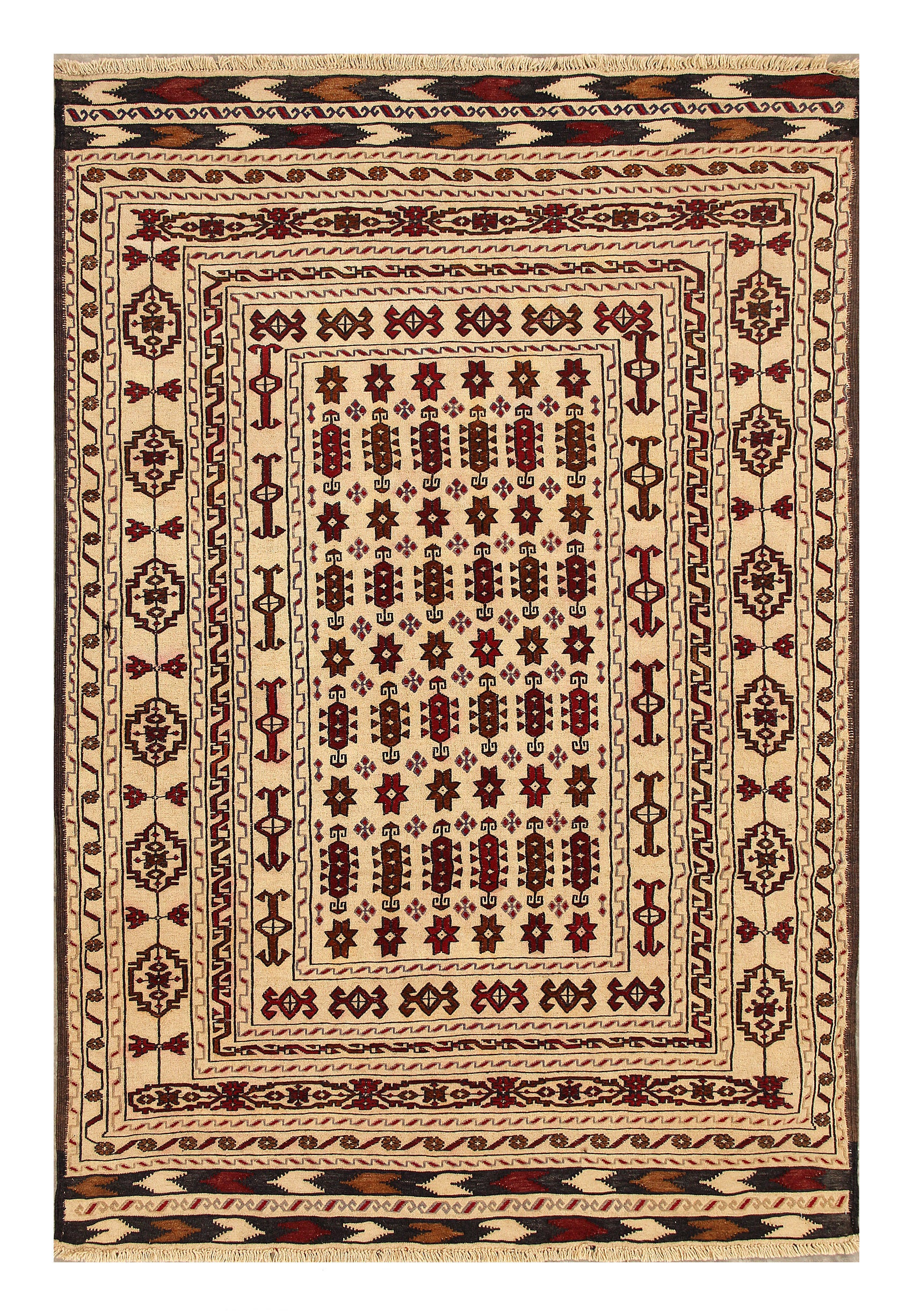 4' 6" x 6' 6 Ivory Handmade Pai Murgh Soumak Kilim Rug Rectangular