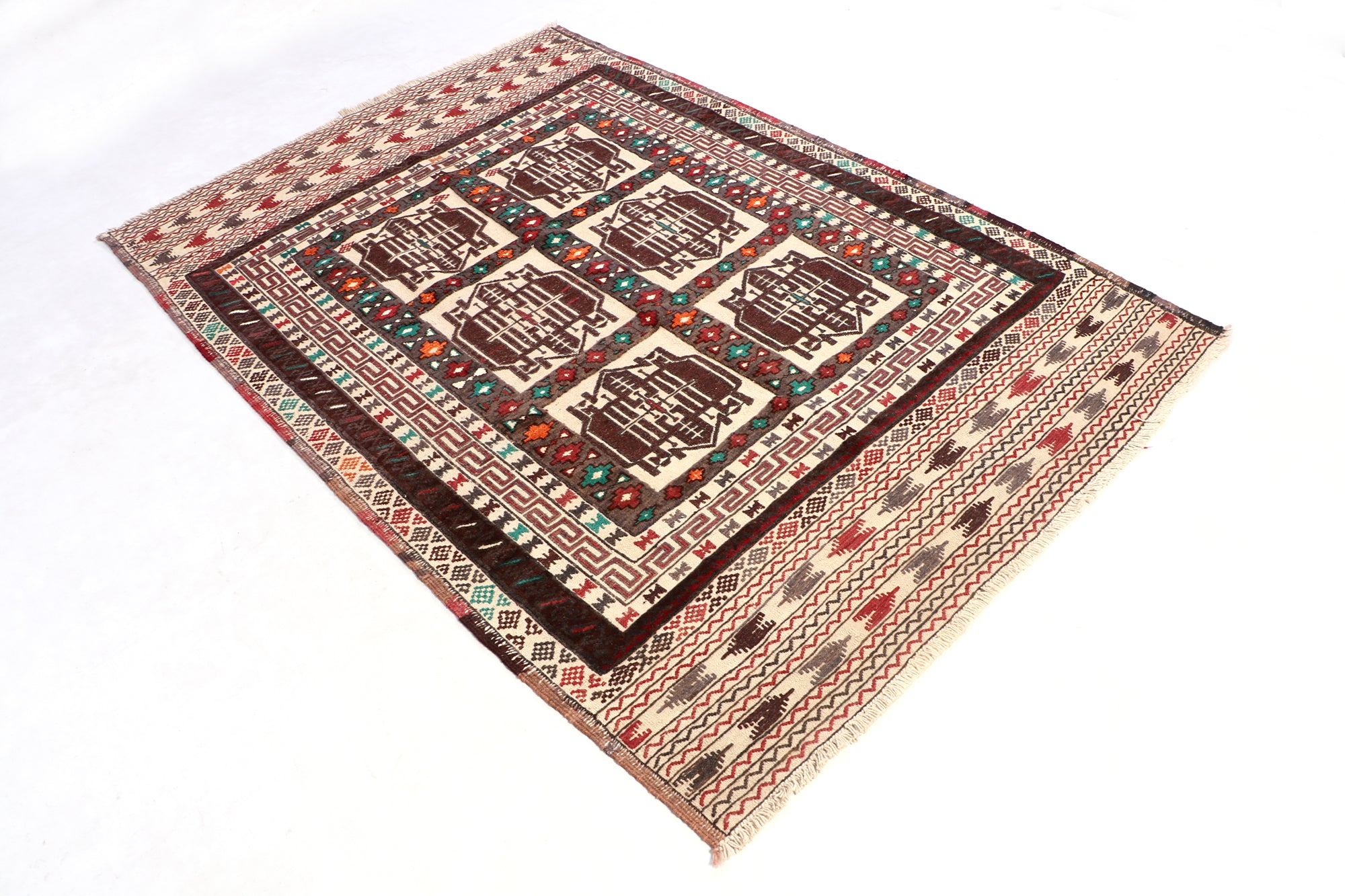 4' 6" x 6' 6 Ivory Handmade Pai Murgh Soumak Kilim Rug Rectangular