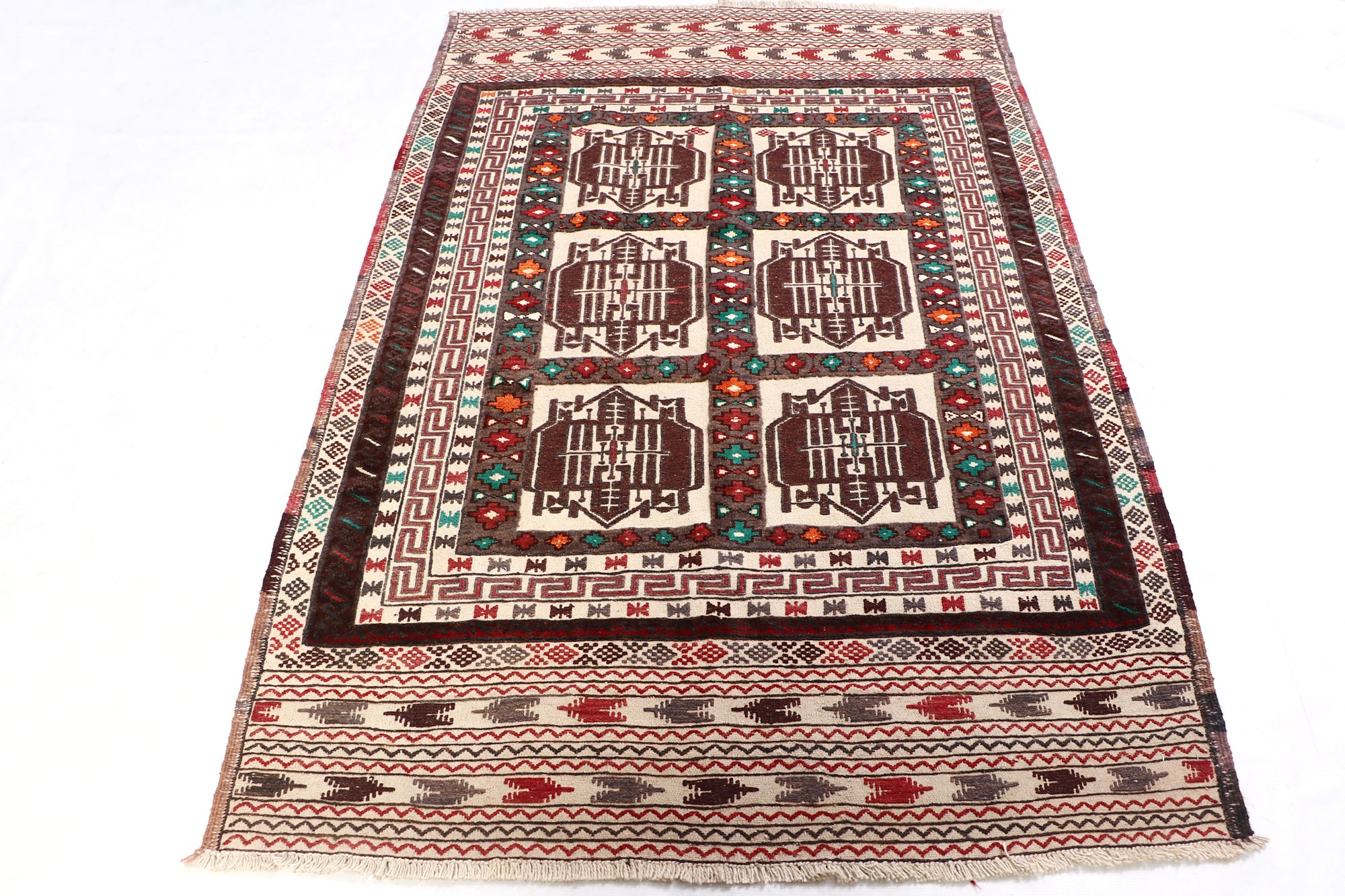 4' 6" x 6' 6 Ivory Handmade Pai Murgh Soumak Kilim Rug Rectangular