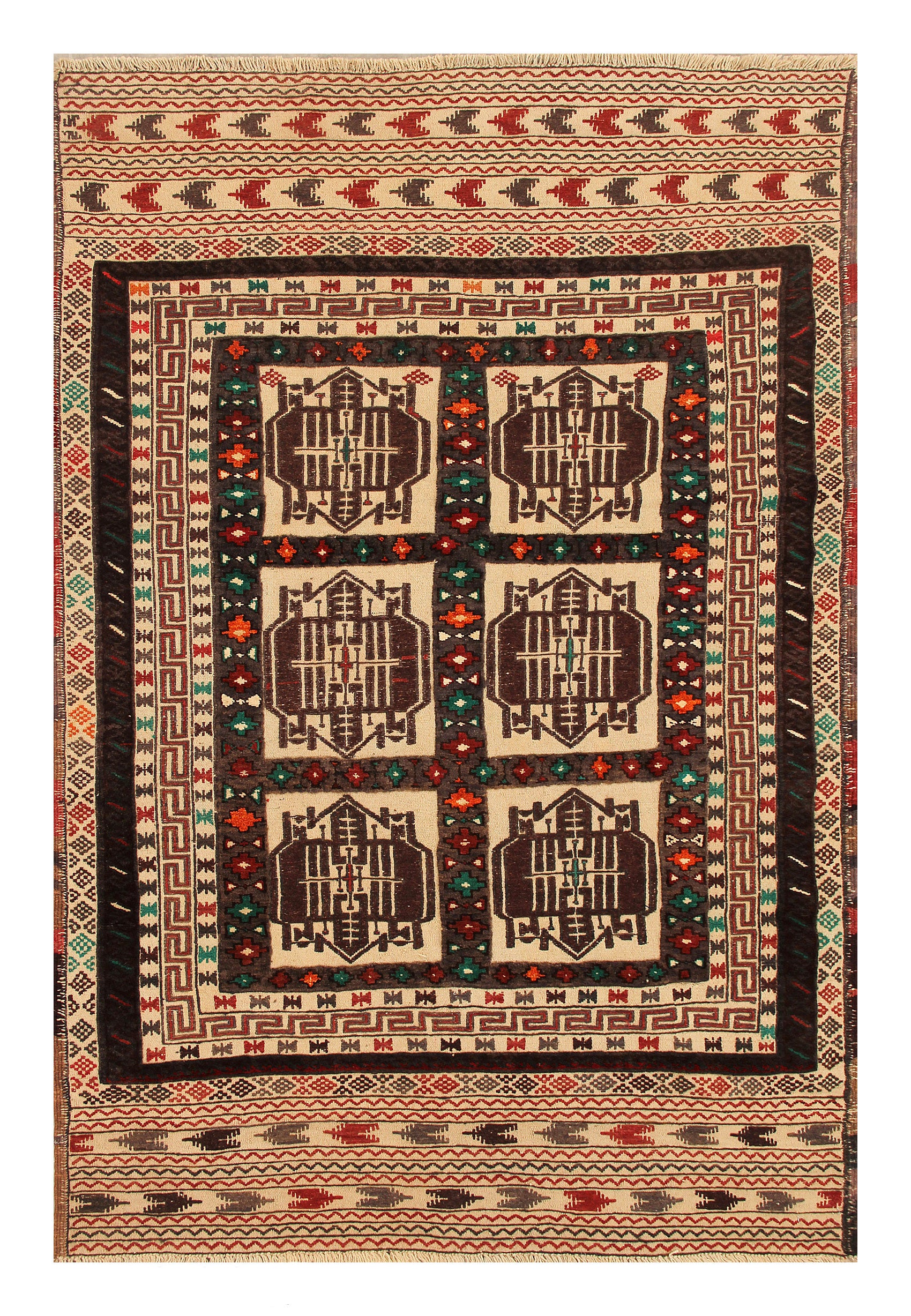 4' 6" x 6' 6 Ivory Handmade Pai Murgh Soumak Kilim Rug Rectangular