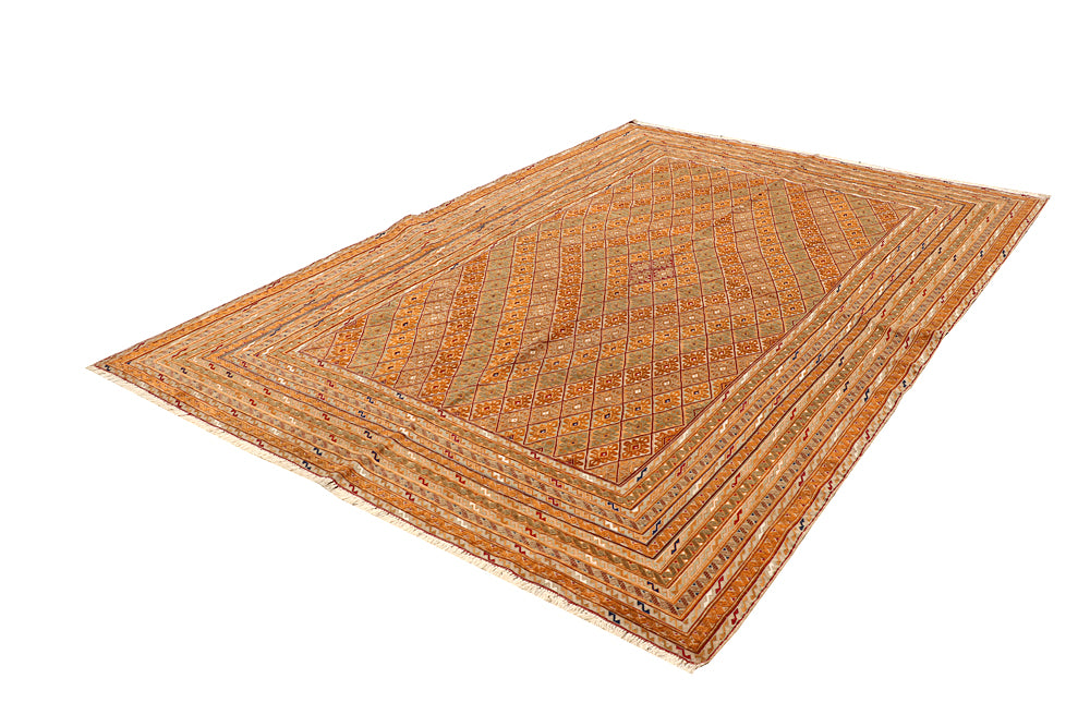 6' 6"X 10' Orange Handmade Nakhunak Afghan Rug Rectangular