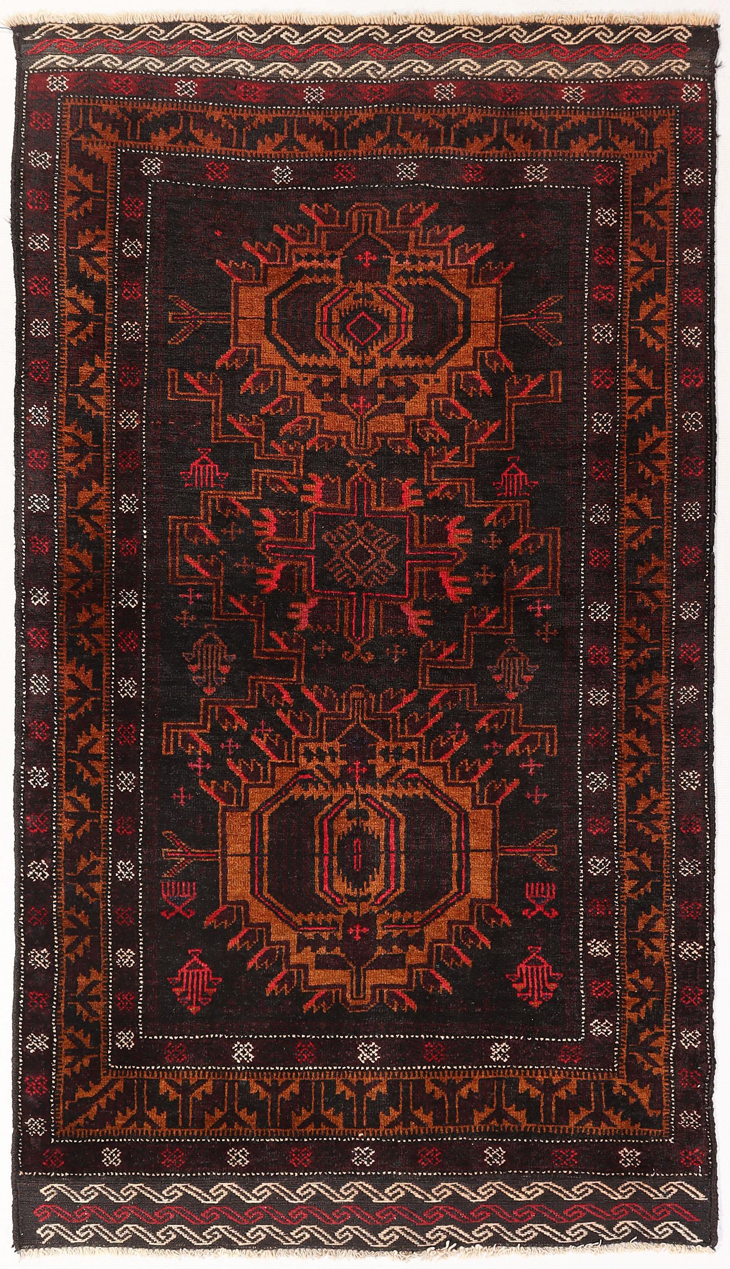 3' 3" X 6' Black Handmade Adraskan Baluchi Afghan Rug Rectangular