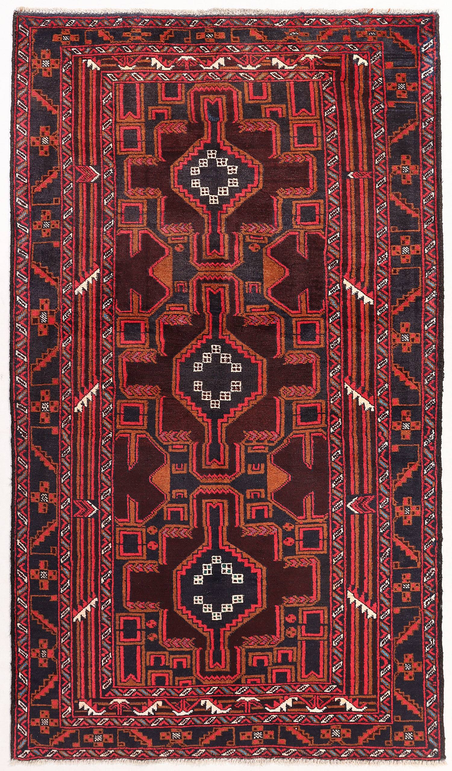 3' 3" X 6' Brown Handmade Adraskan Baluchi Afghan Rug Rectangular