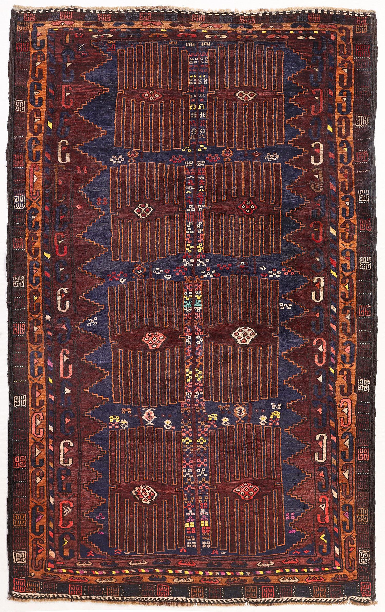 3' 3" X 6' Blue Handmade Adraskan Baluchi Afghan Rug Rectangular