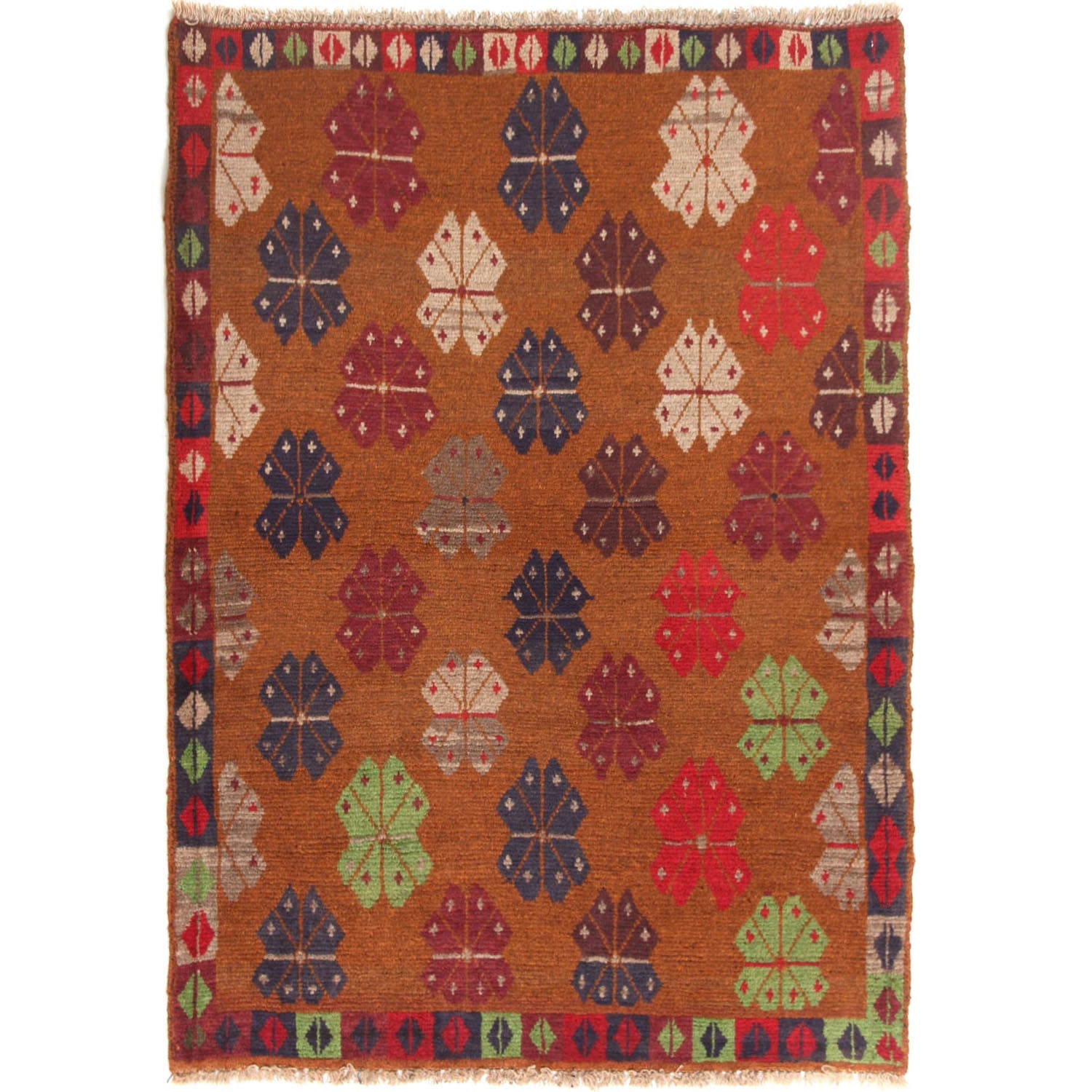 4' x 4' Gold Handmade Kohistani Baluchi Afghan Rug Square