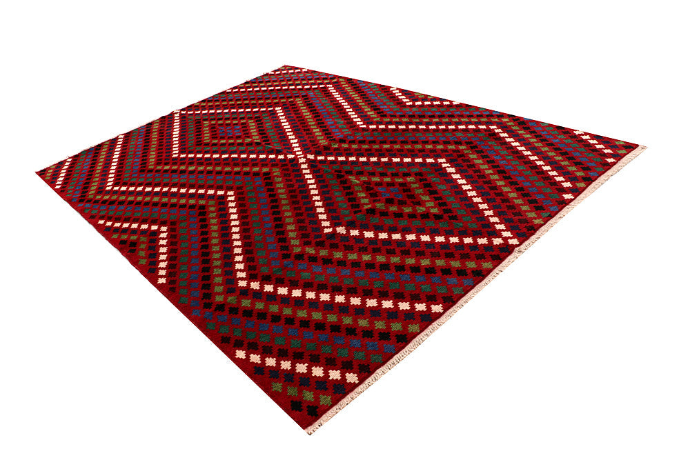 6' 6"X 10' Red Handmade Kohistani Baluchi Afghan Rug Rectangular
