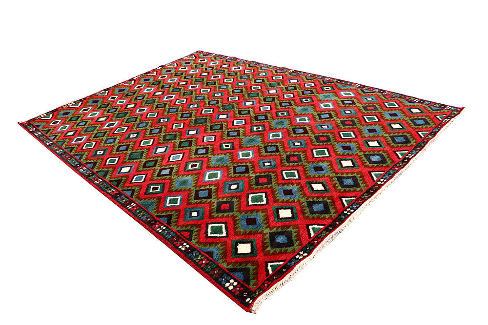 6' 6"X 10' Red Handmade Kohistani Baluchi Afghan Rug Rectangular