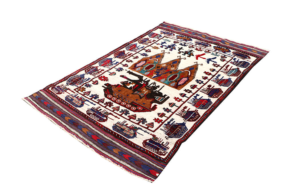 4' x 6' Ivory Handmade War Rug Rectangular