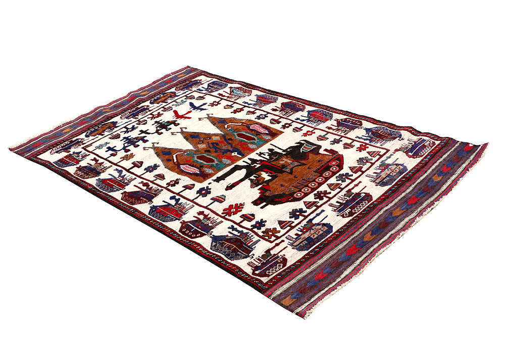 4' x 6' Ivory Handmade War Rug Rectangular