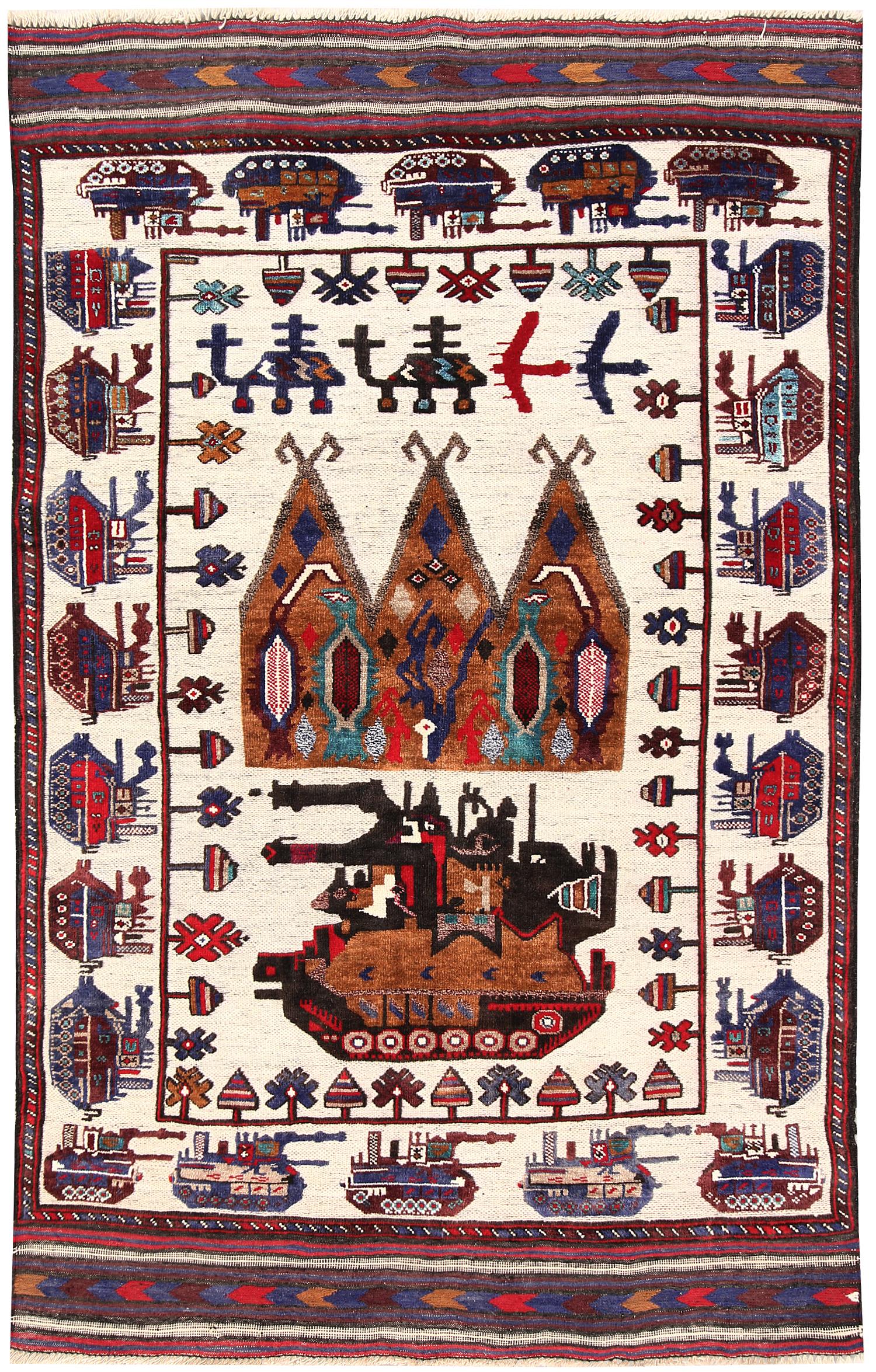 4' x 6' Ivory Handmade War Rug Rectangular